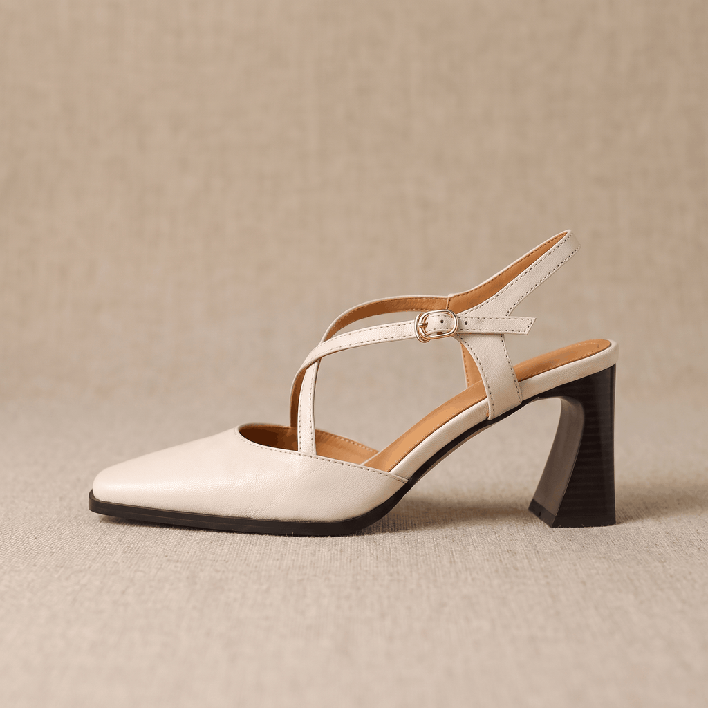 Bella Leather Slingback Heels – Cross-Strap Block Heel Pointed-Toe Pumps