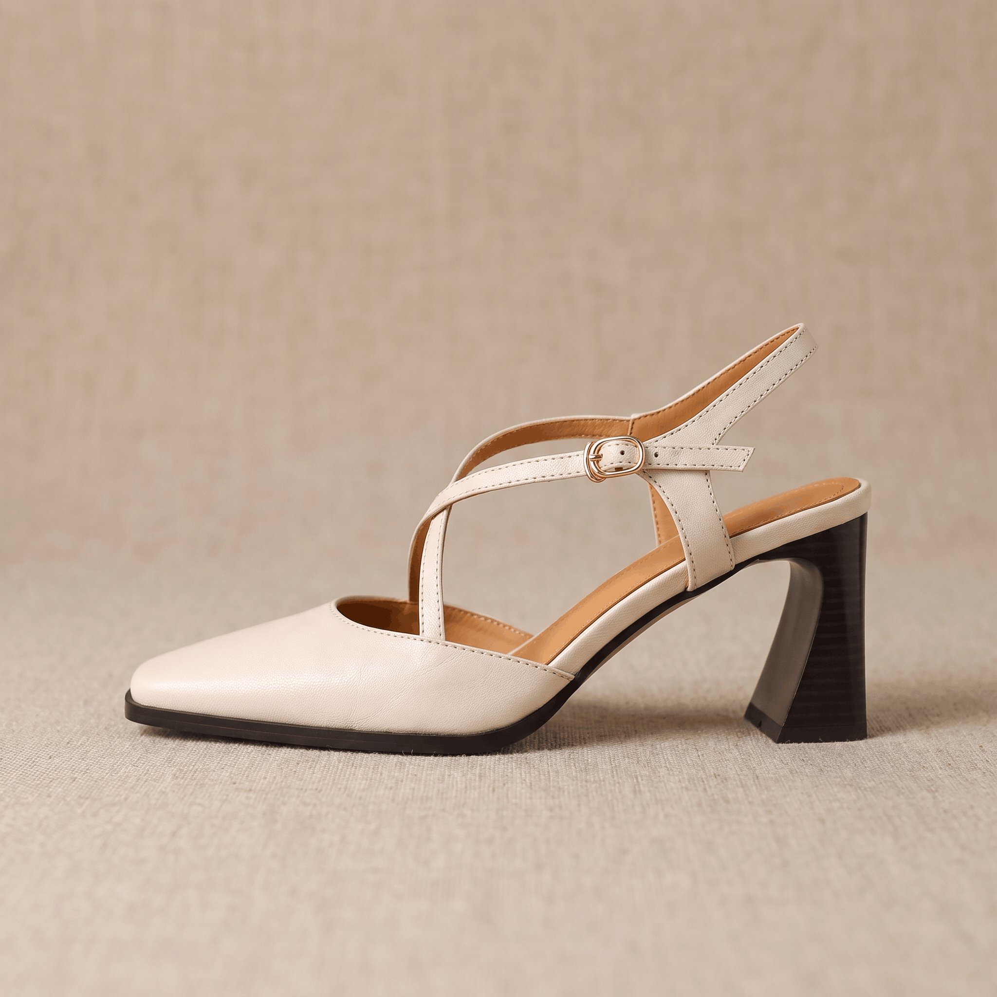 Bella Leather Slingback Heels – Cross-Strap Block Heel Pointed-Toe Pumps