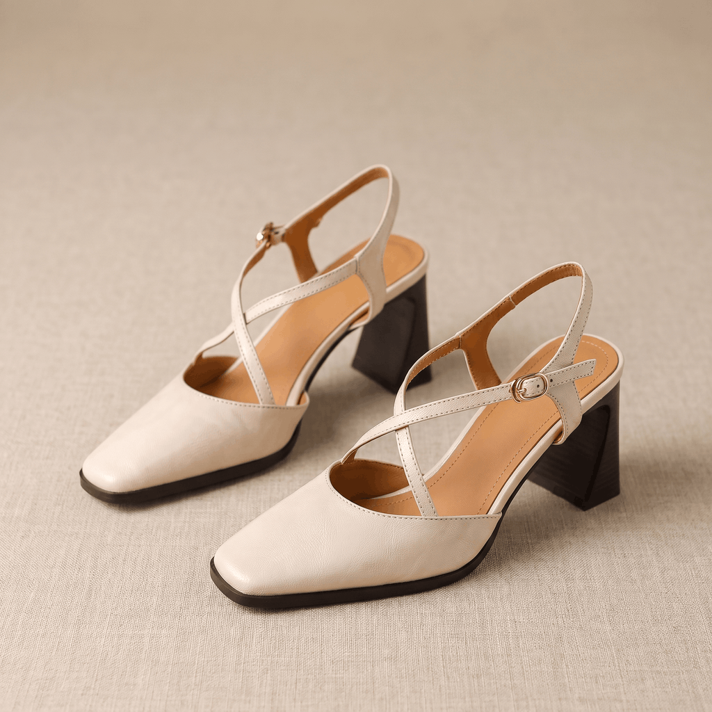Bella Leather Slingback Heels – Cross-Strap Block Heel Pointed-Toe Pumps