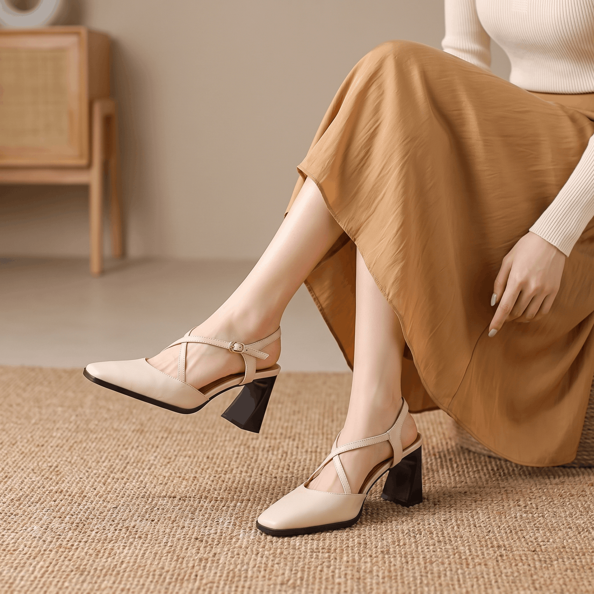 Bella Leather Slingback Heels – Cross-Strap Block Heel Pointed-Toe Pumps