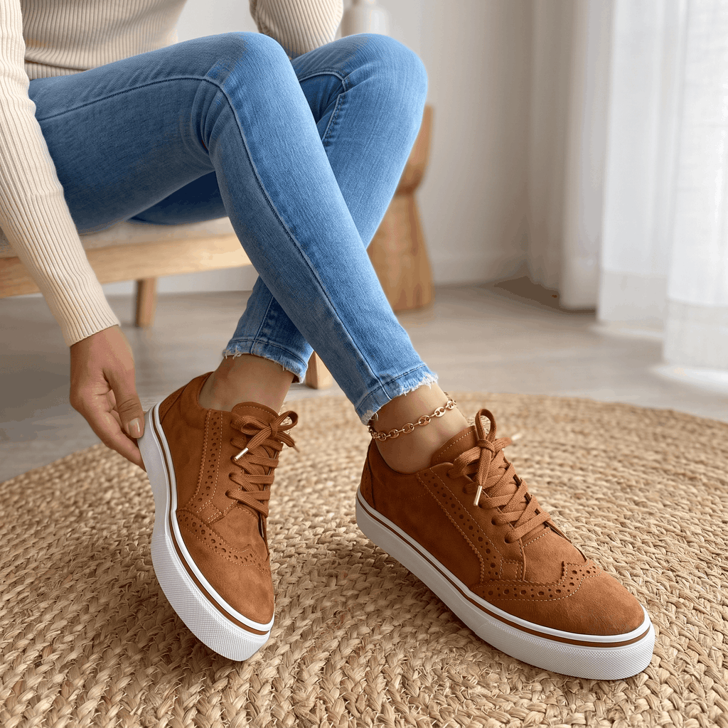 Tamara Suede Platform Sneakers – Brogue Perforated Lace-Up Casual Trainers