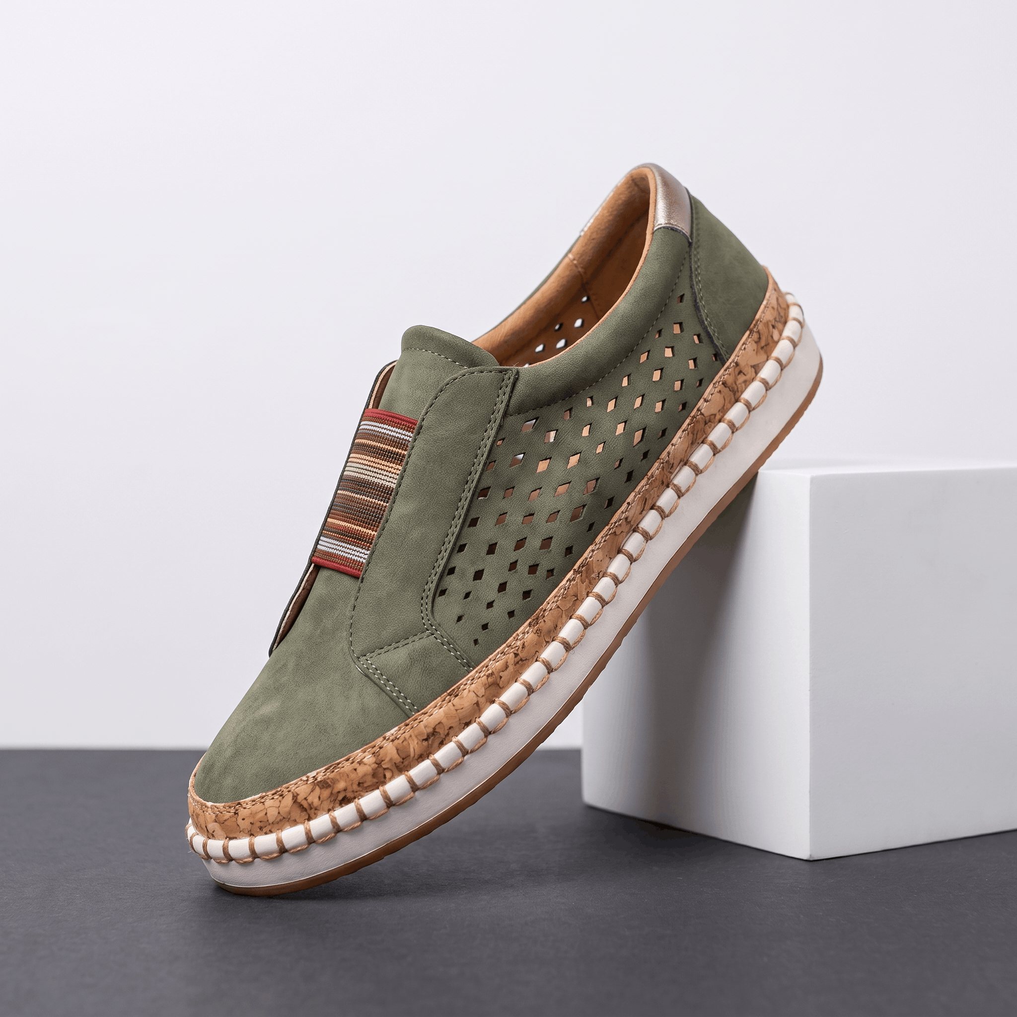 Ariana Leather Slip-On Sneakers – Perforated Cork-Sole Elastic-Band Footwear