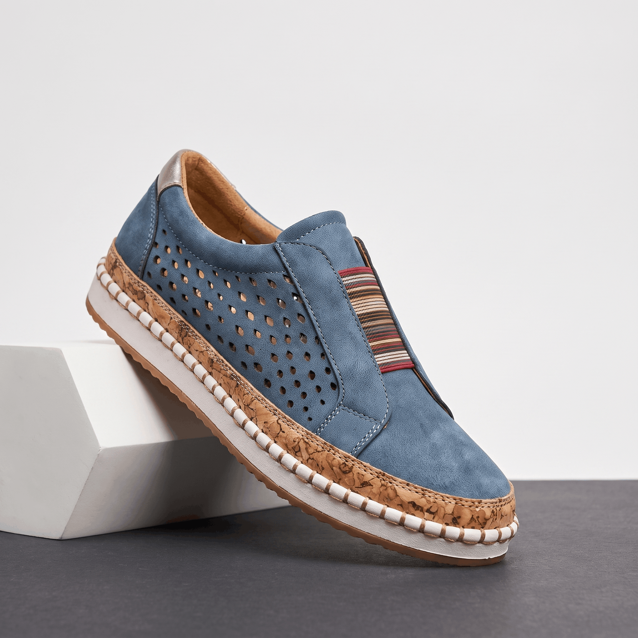 Ariana Leather Slip-On Sneakers – Perforated Cork-Sole Elastic-Band Footwear