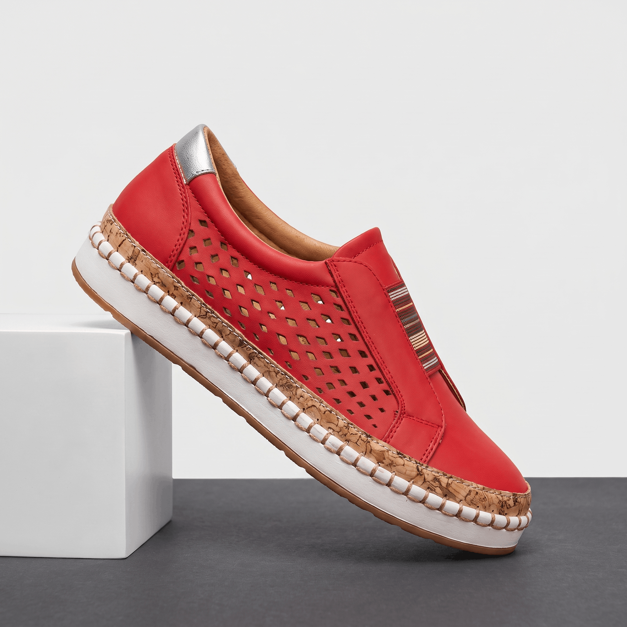 Ariana Leather Slip-On Sneakers – Perforated Cork-Sole Elastic-Band Footwear
