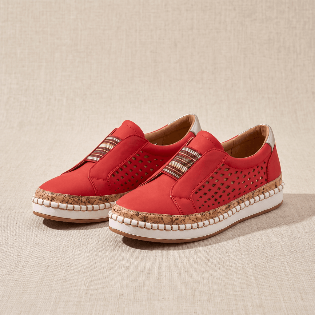Ariana Leather Slip-On Sneakers – Perforated Cork-Sole Elastic-Band Footwear