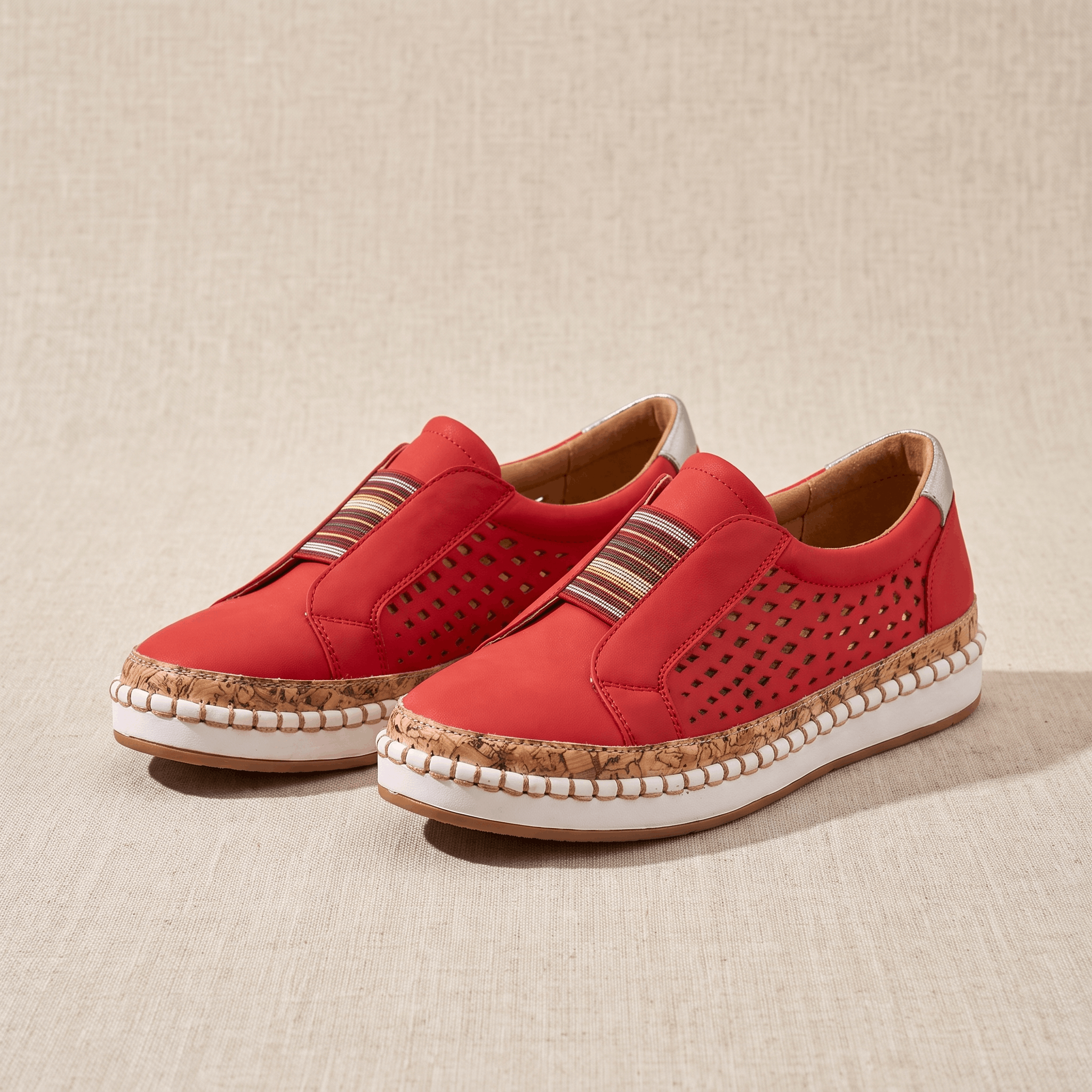 Ariana Leather Slip-On Sneakers – Perforated Cork-Sole Elastic-Band Footwear