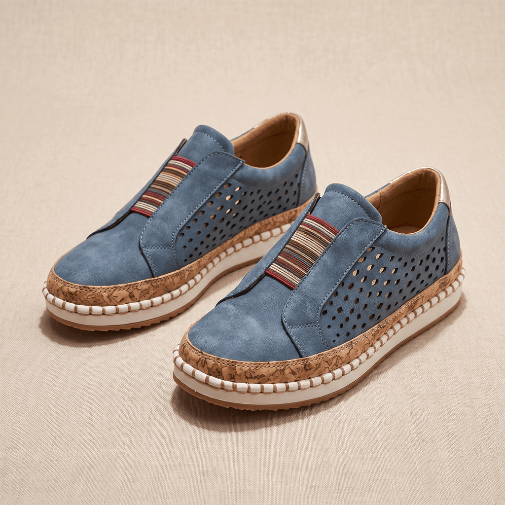 Ariana Leather Slip-On Sneakers – Perforated Cork-Sole Elastic-Band Footwear