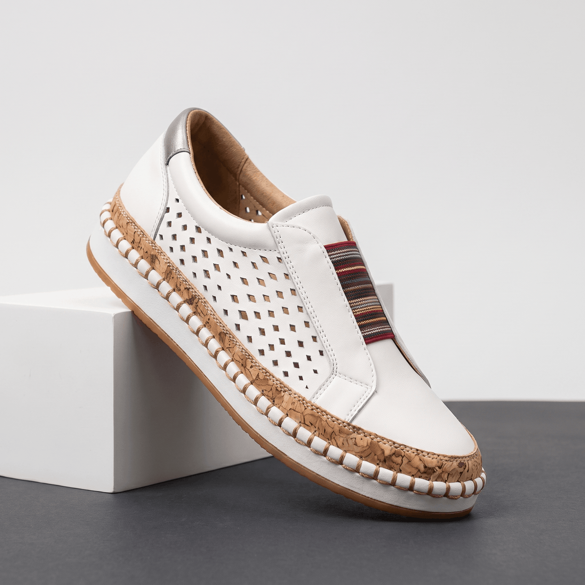 Ariana Leather Slip-On Sneakers – Perforated Cork-Sole Elastic-Band Footwear