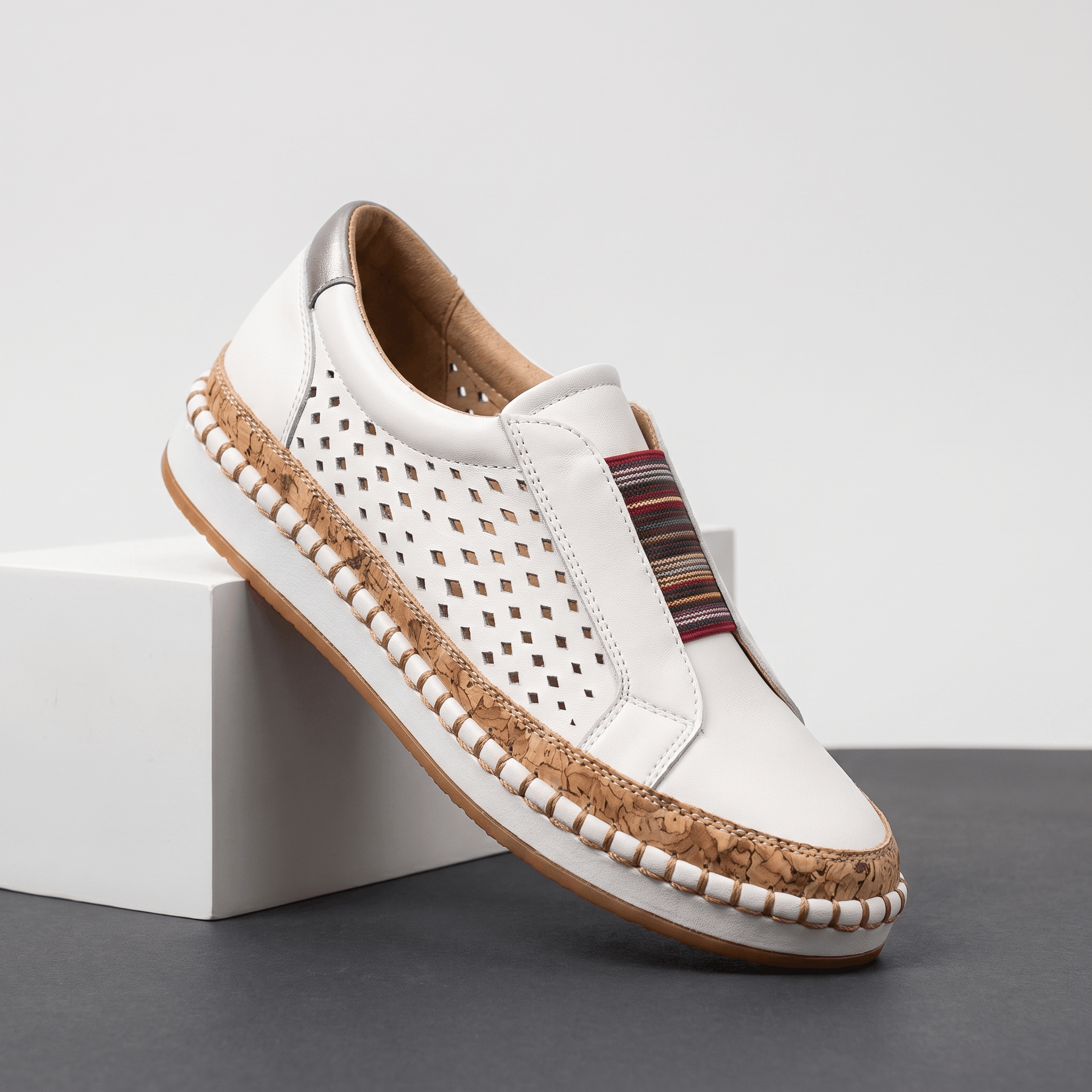 Ariana Leather Slip-On Sneakers – Perforated Cork-Sole Elastic-Band Footwear