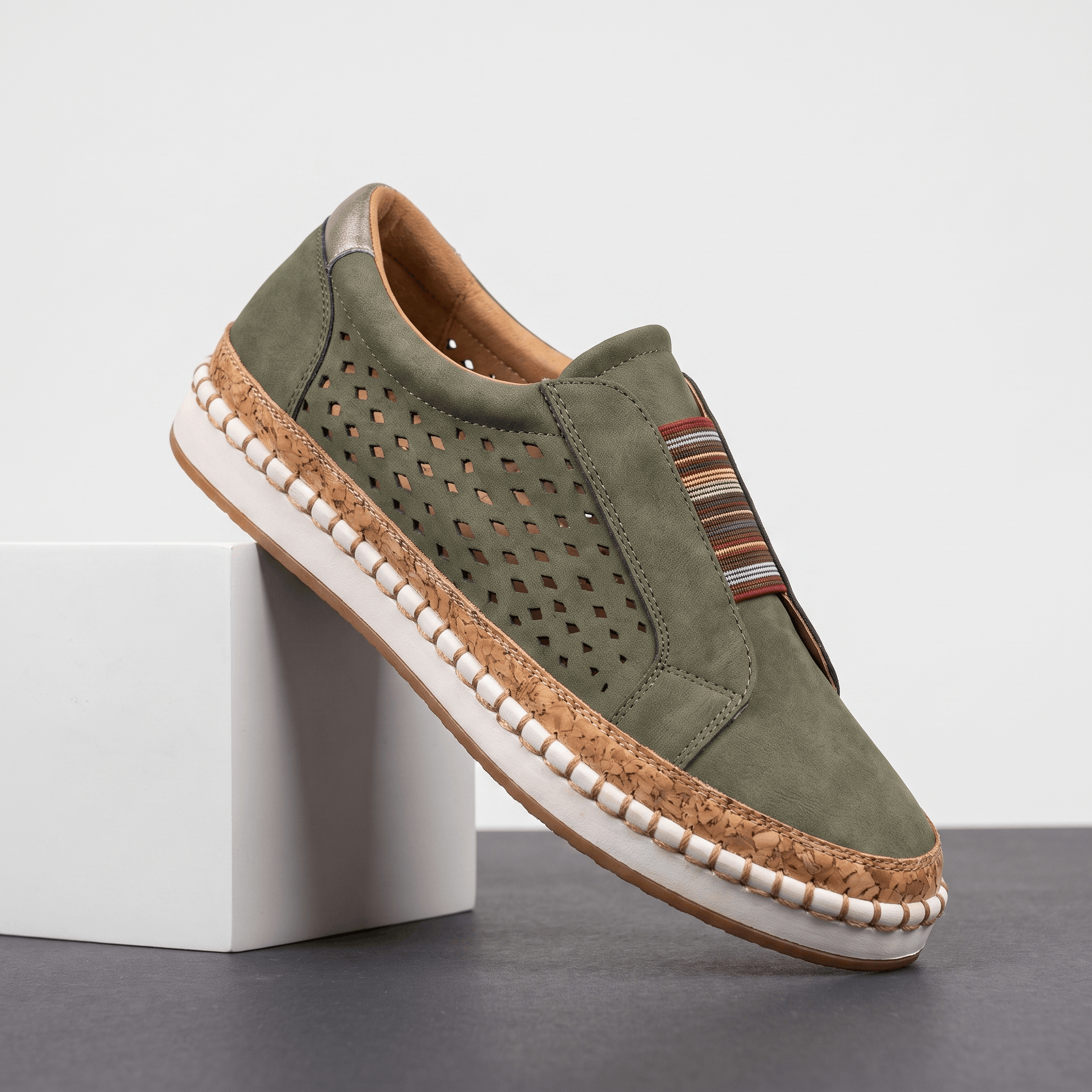 Ariana Leather Slip-On Sneakers – Perforated Cork-Sole Elastic-Band Footwear