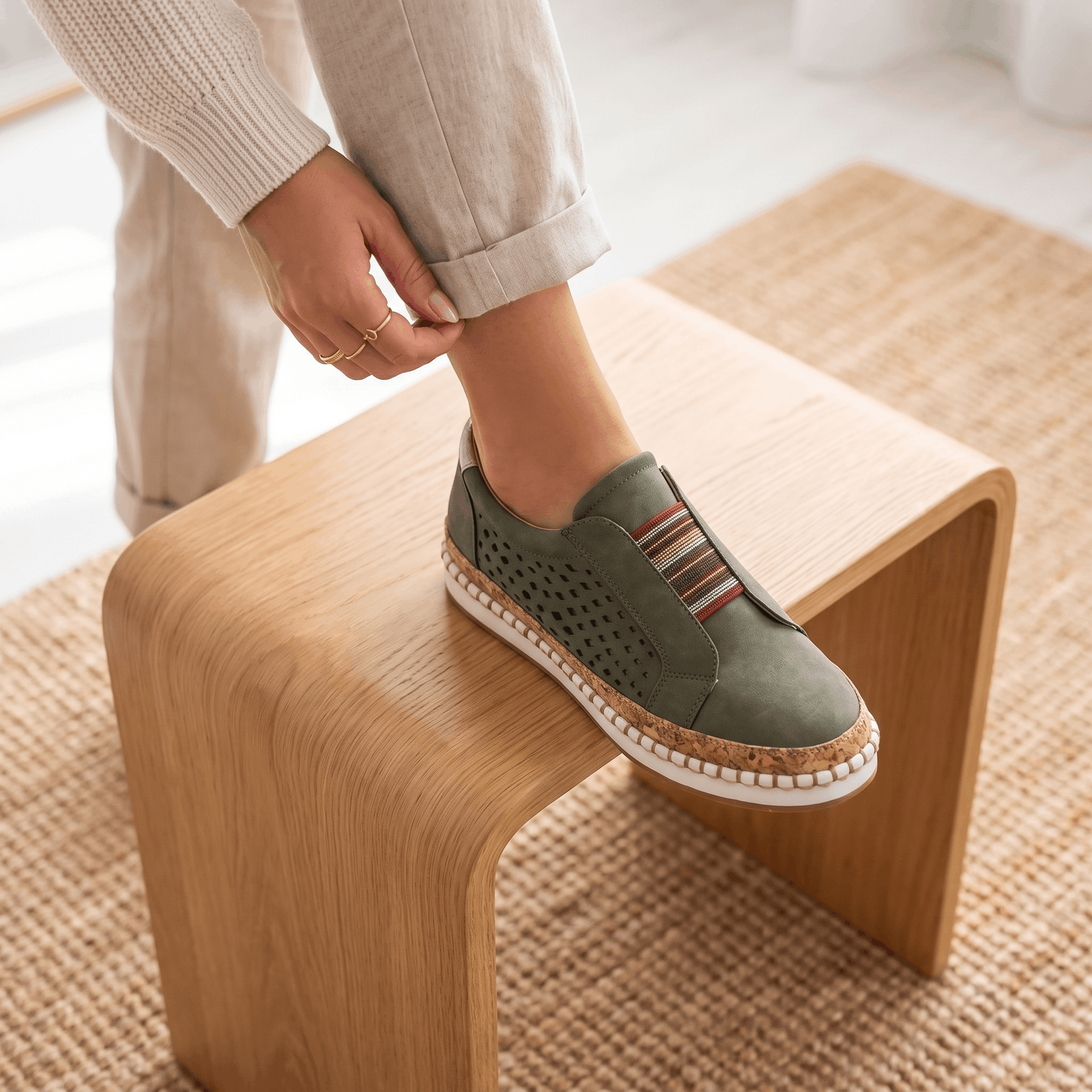 Ariana Leather Slip-On Sneakers – Perforated Cork-Sole Elastic-Band Footwear