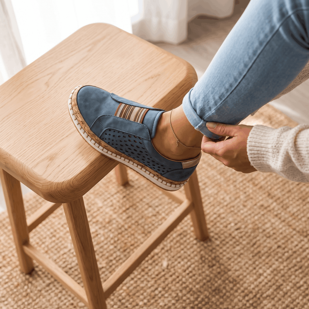 Ariana Leather Slip-On Sneakers – Perforated Cork-Sole Elastic-Band Footwear