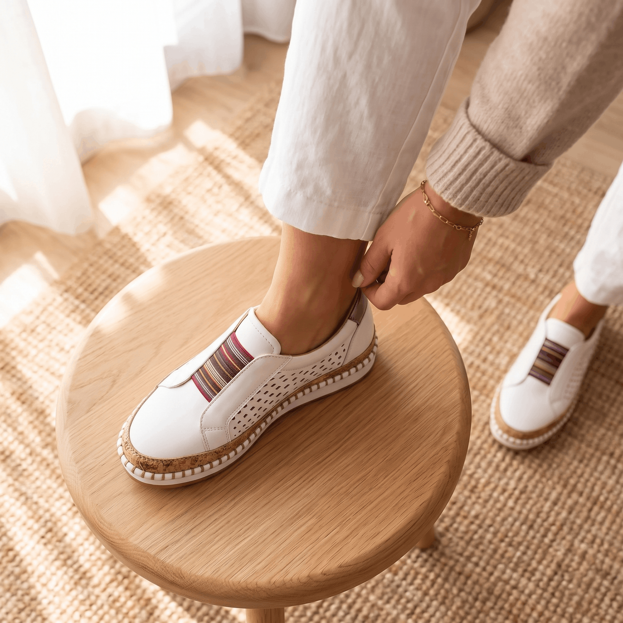 Ariana Leather Slip-On Sneakers – Perforated Cork-Sole Elastic-Band Footwear