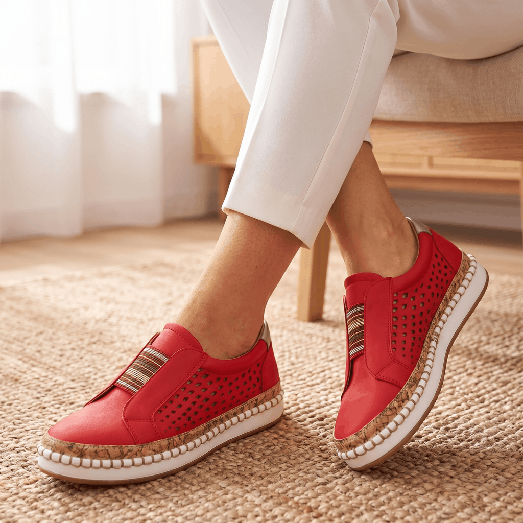 Ariana Leather Slip-On Sneakers – Perforated Cork-Sole Elastic-Band Footwear