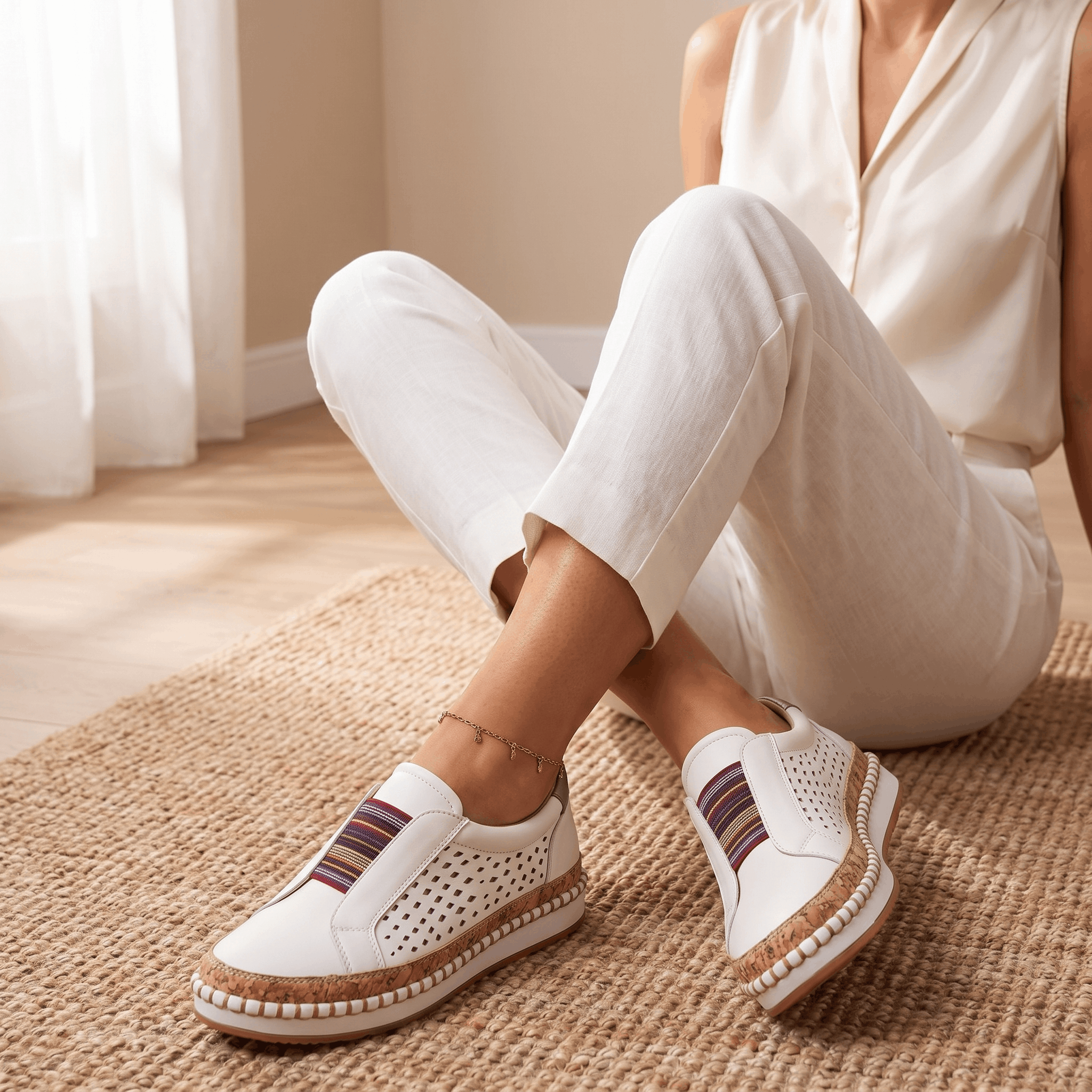 Ariana Leather Slip-On Sneakers – Perforated Cork-Sole Elastic-Band Footwear