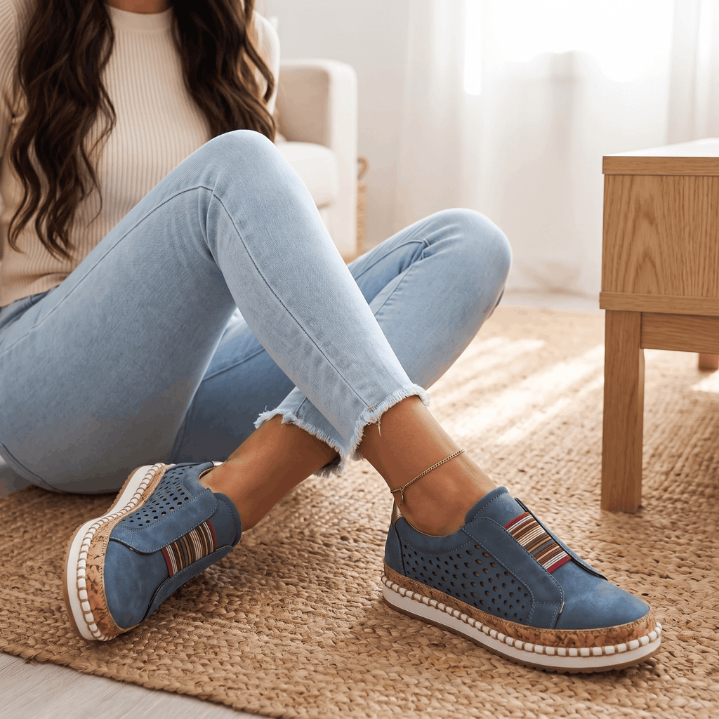 Ariana Leather Slip-On Sneakers – Perforated Cork-Sole Elastic-Band Footwear