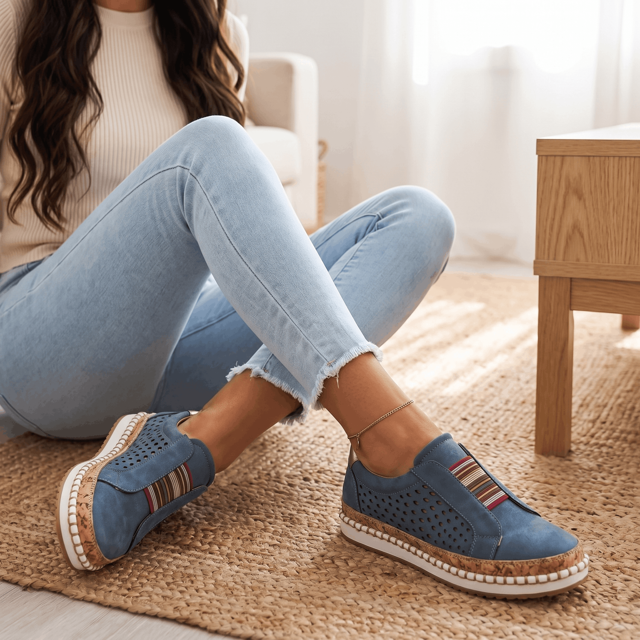 Ariana Leather Slip-On Sneakers – Perforated Cork-Sole Elastic-Band Footwear