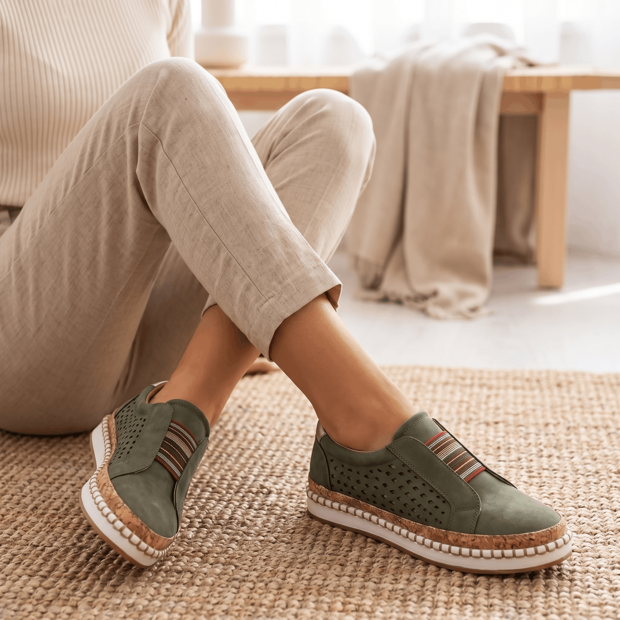 Ariana Leather Slip-On Sneakers – Perforated Cork-Sole Elastic-Band Footwear