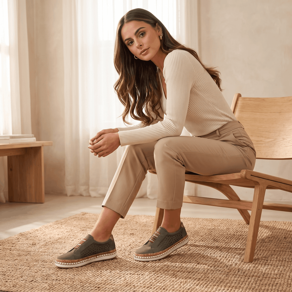 Ariana Leather Slip-On Sneakers – Perforated Cork-Sole Elastic-Band Footwear
