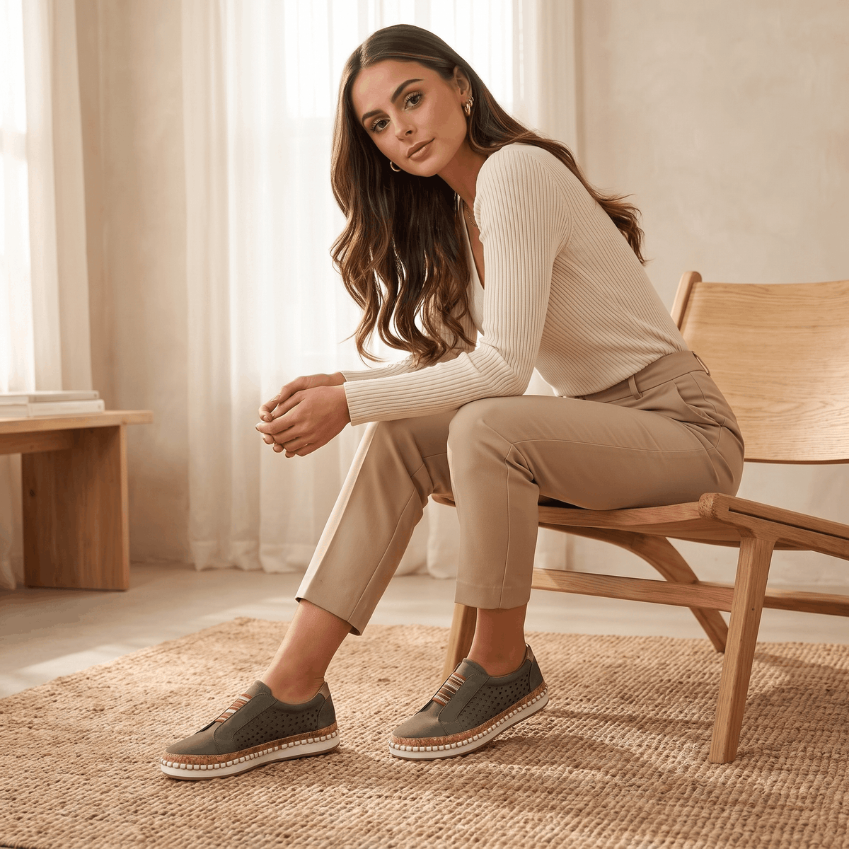 Ariana Leather Slip-On Sneakers – Perforated Cork-Sole Elastic-Band Footwear