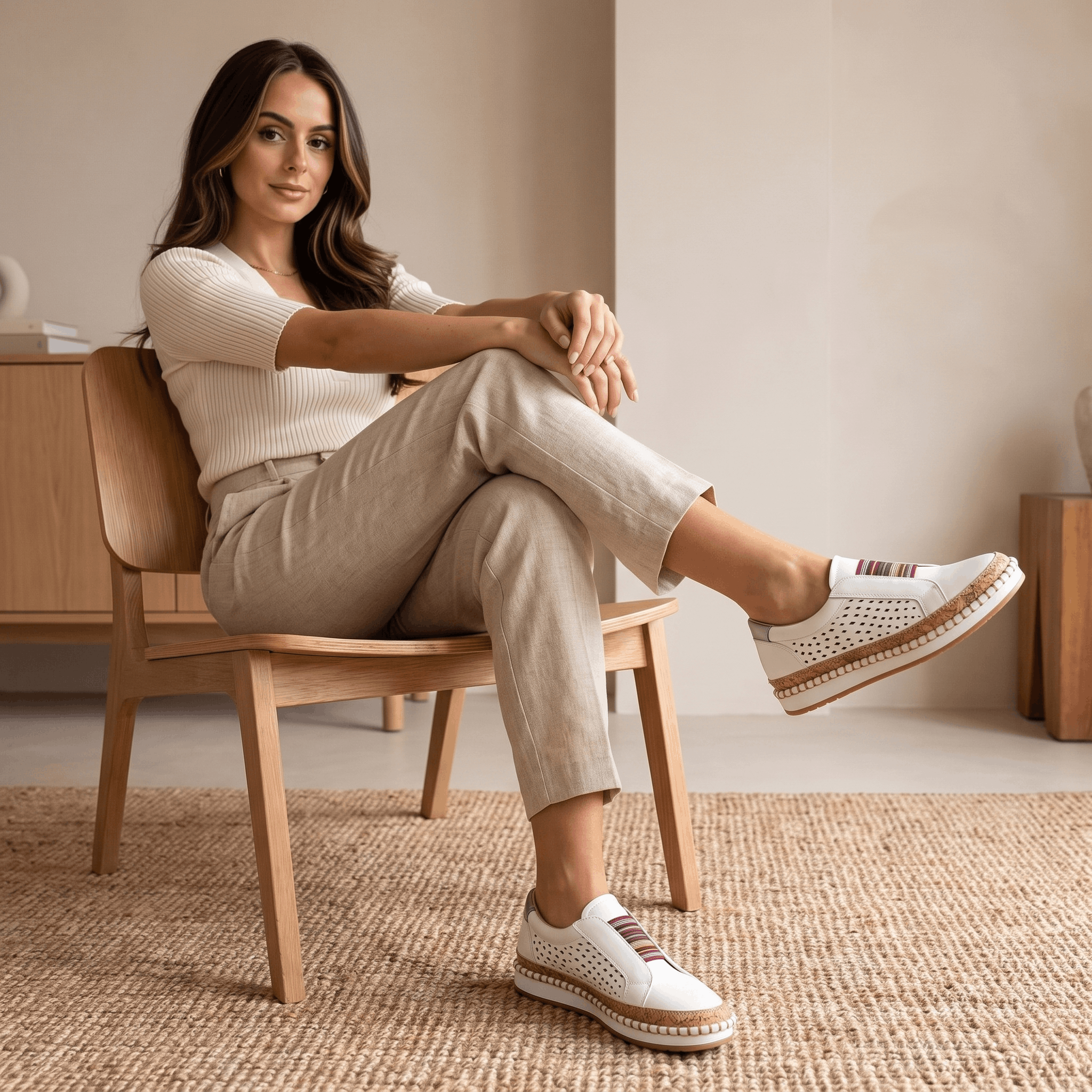 Ariana Leather Slip-On Sneakers – Perforated Cork-Sole Elastic-Band Footwear