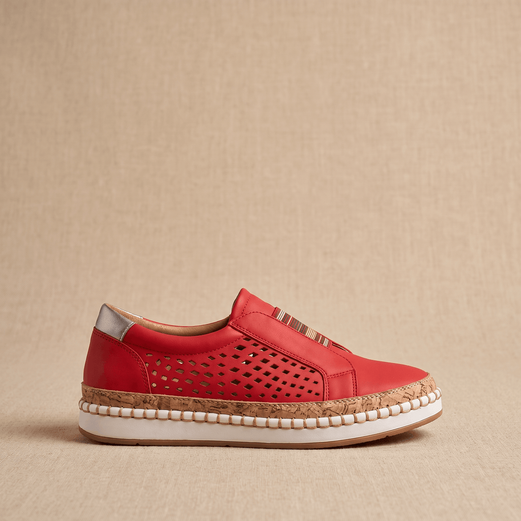Ariana Leather Slip-On Sneakers – Perforated Cork-Sole Elastic-Band Footwear