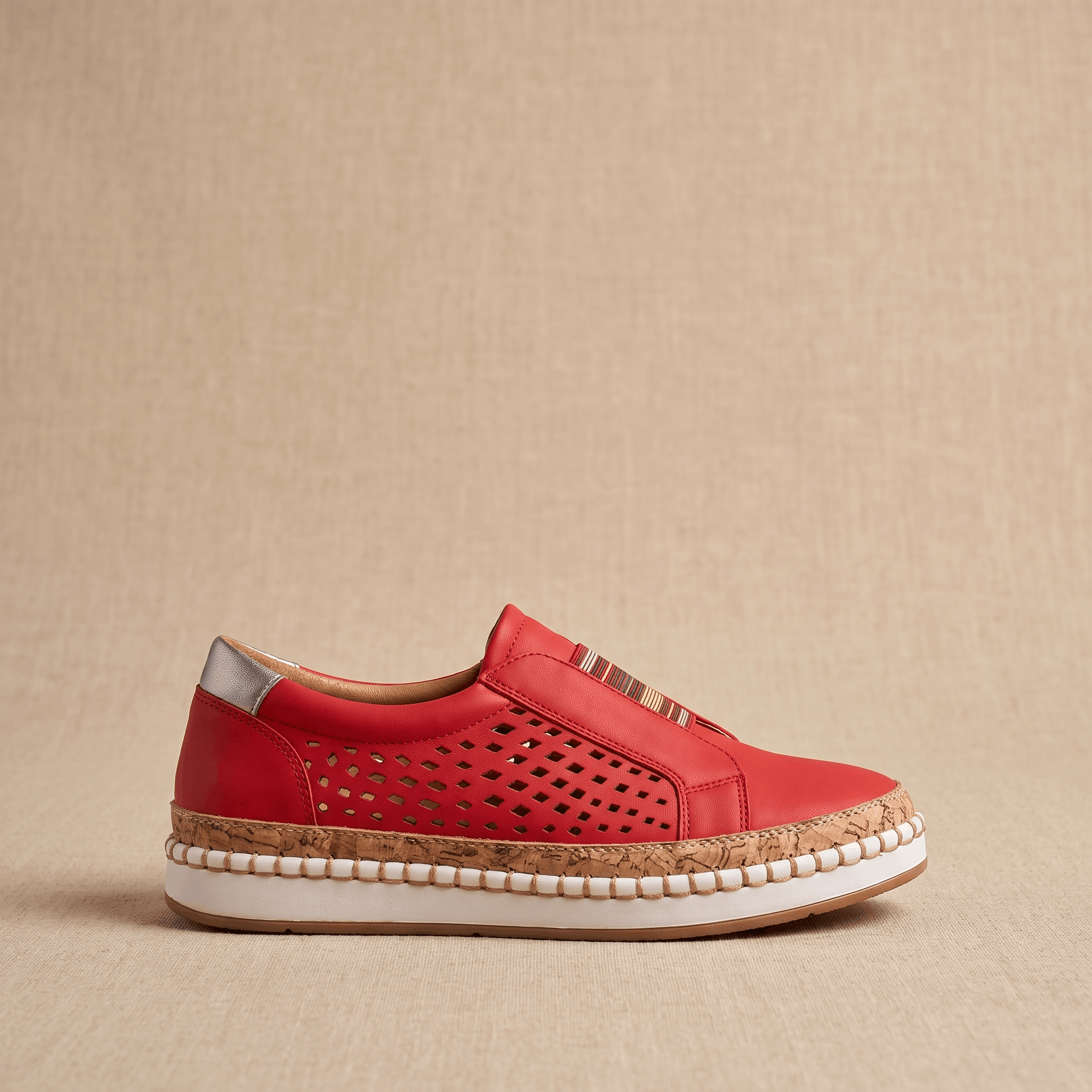 Ariana Leather Slip-On Sneakers – Perforated Cork-Sole Elastic-Band Footwear