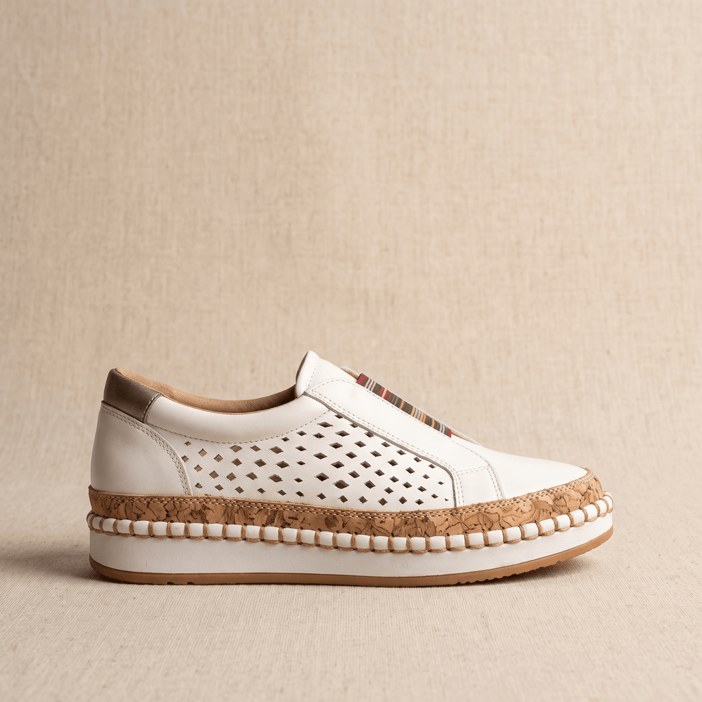 Ariana Leather Slip-On Sneakers – Perforated Cork-Sole Elastic-Band Footwear
