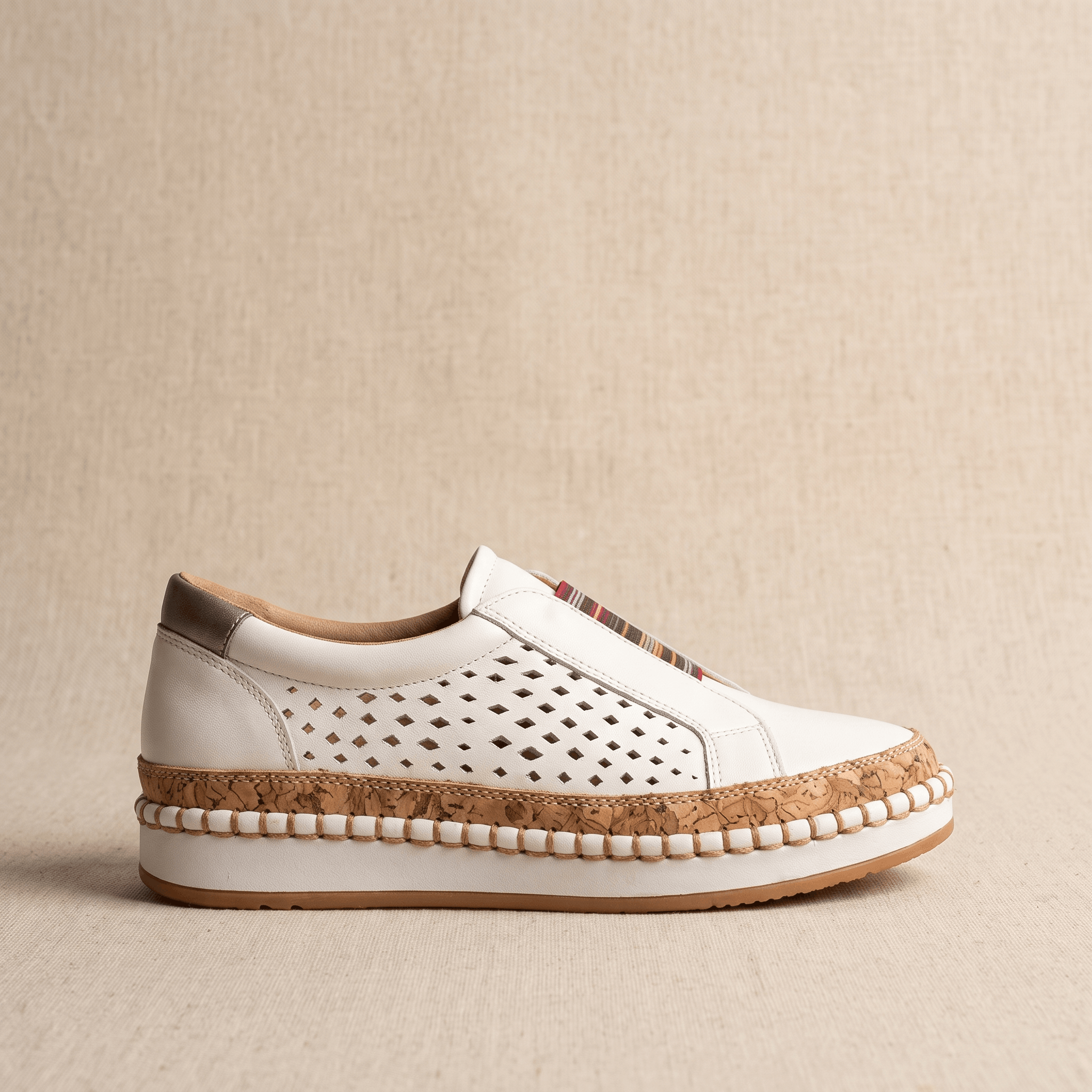 Ariana Leather Slip-On Sneakers – Perforated Cork-Sole Elastic-Band Footwear