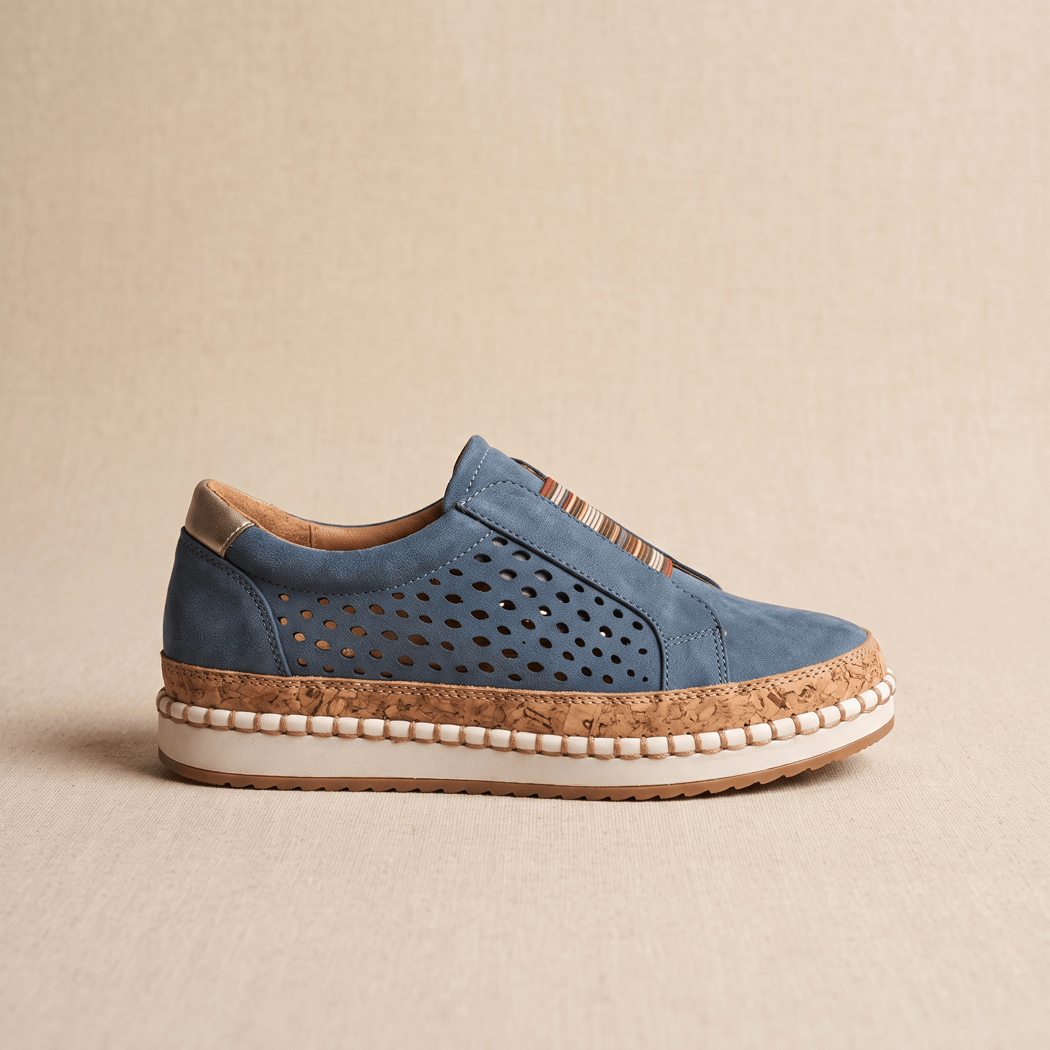Ariana Leather Slip-On Sneakers – Perforated Cork-Sole Elastic-Band Footwear