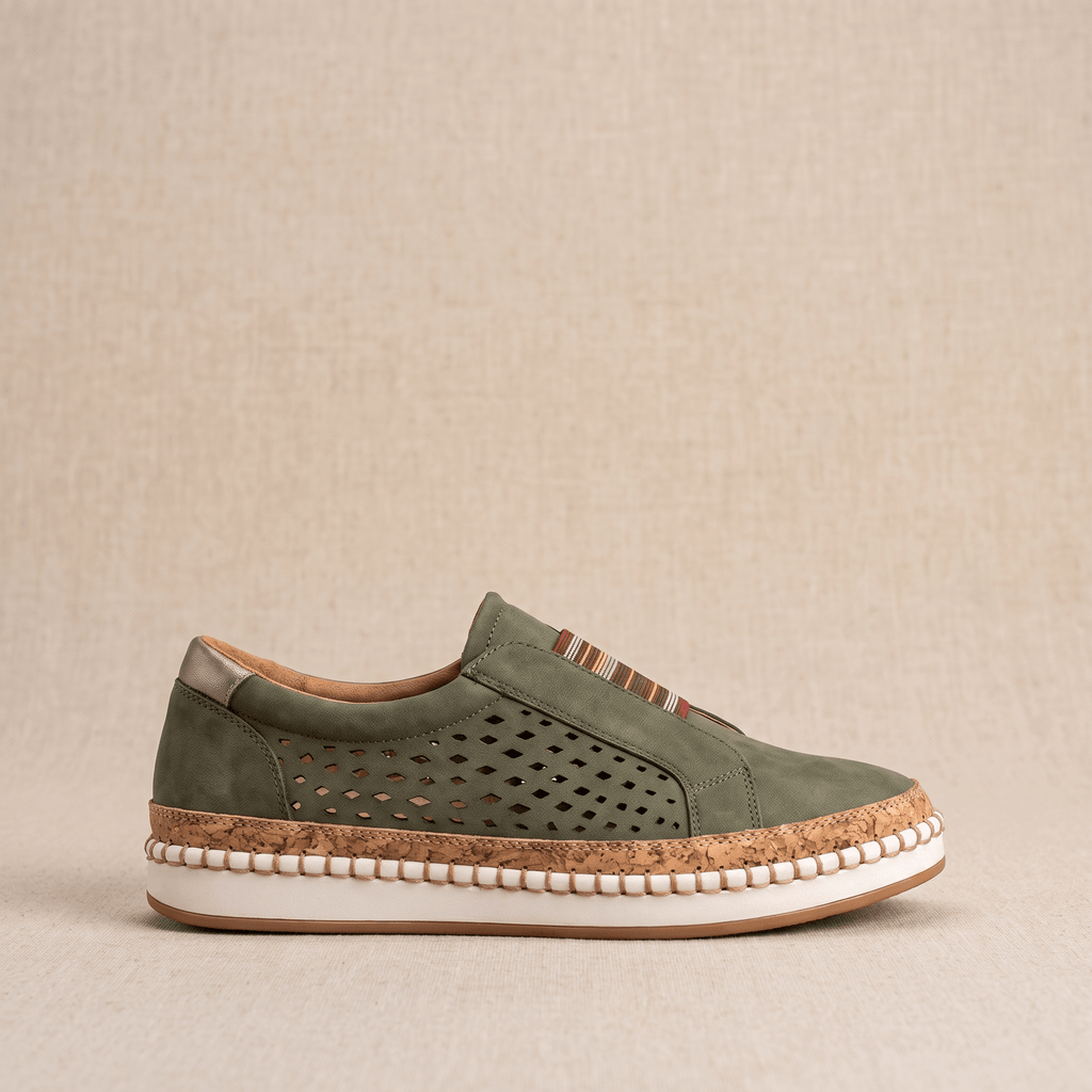 Ariana Leather Slip-On Sneakers – Perforated Cork-Sole Elastic-Band Footwear