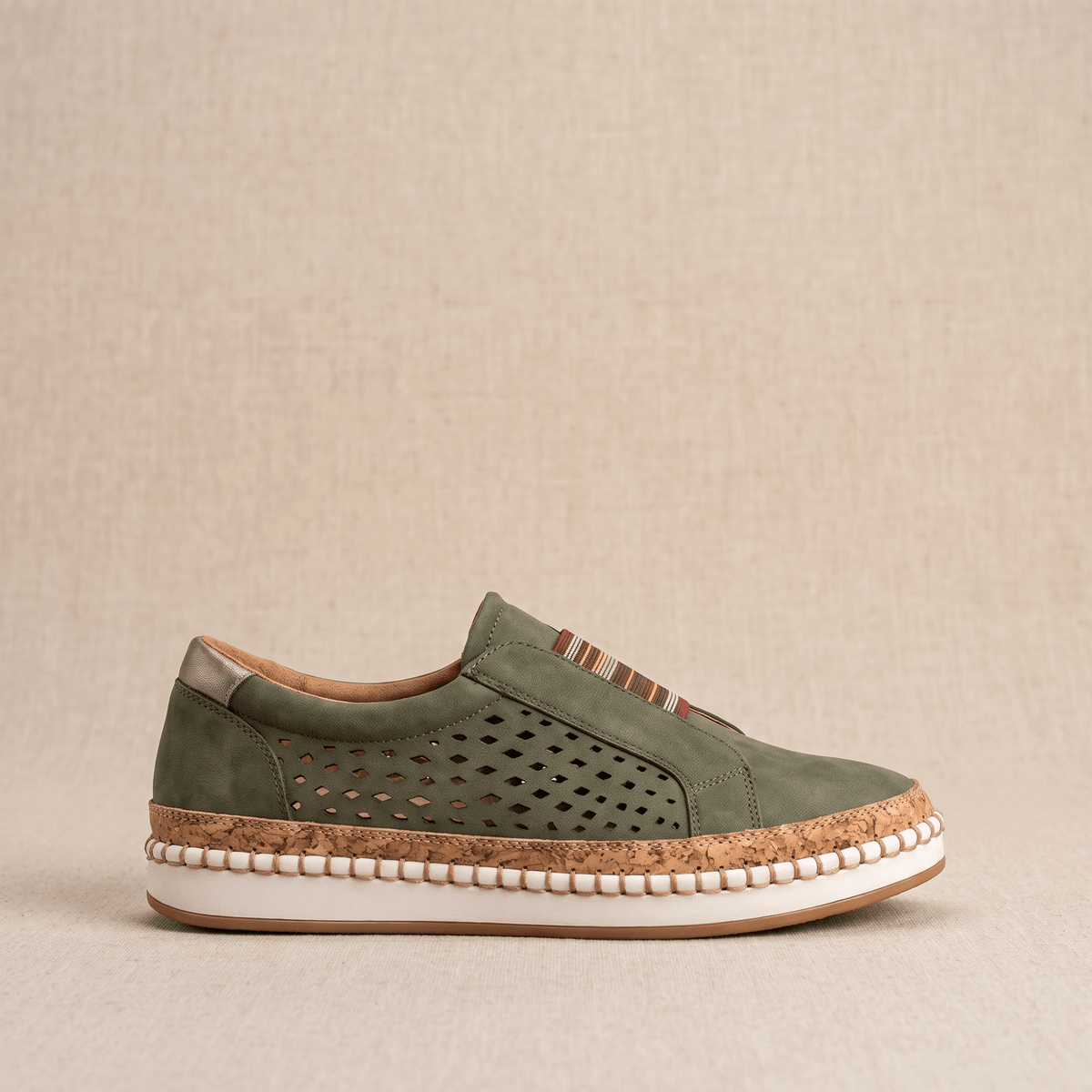 Ariana Leather Slip-On Sneakers – Perforated Cork-Sole Elastic-Band Footwear