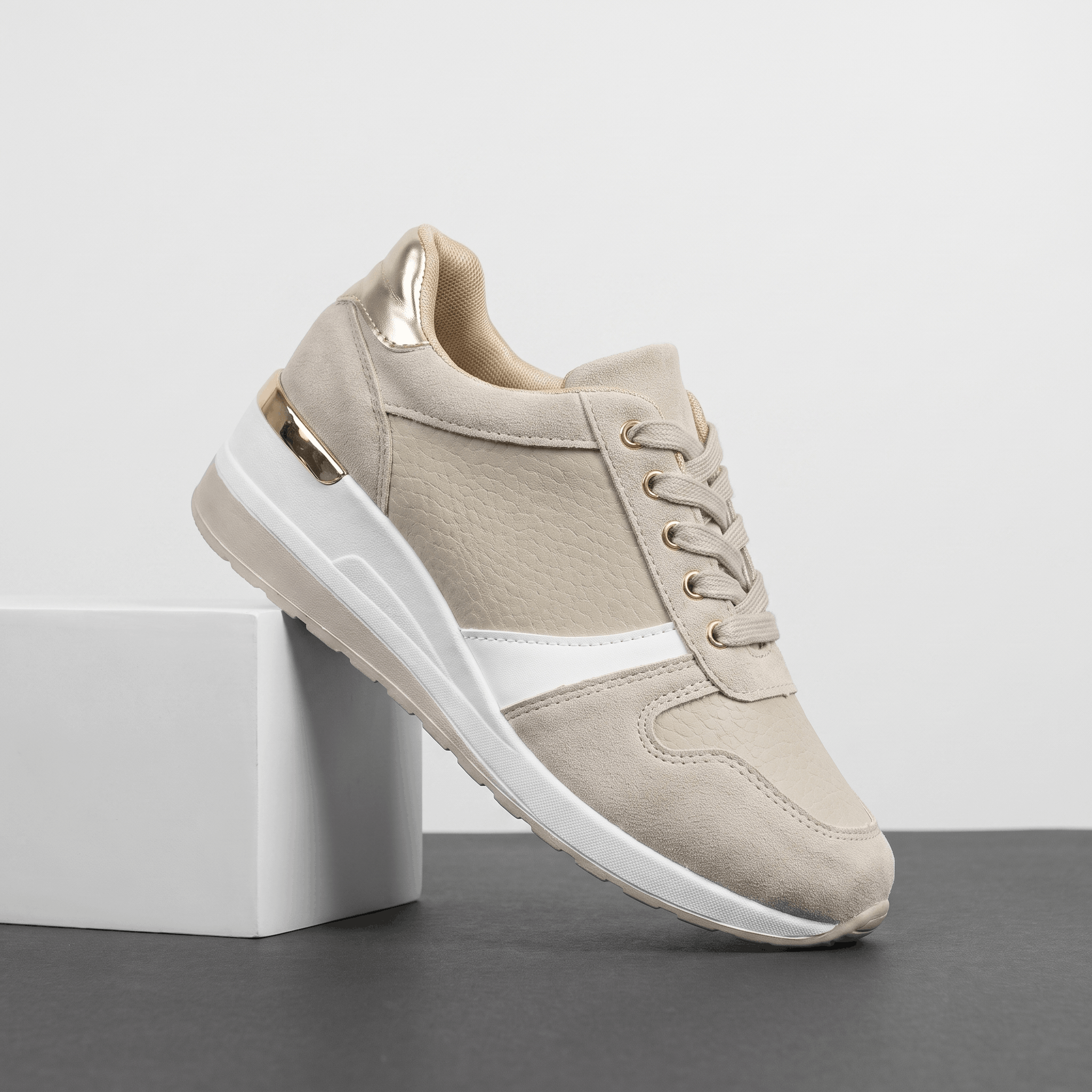 Aria Mesh Suede Sneakers – Lace-Up Hidden-Wedge Cushioned Trainers