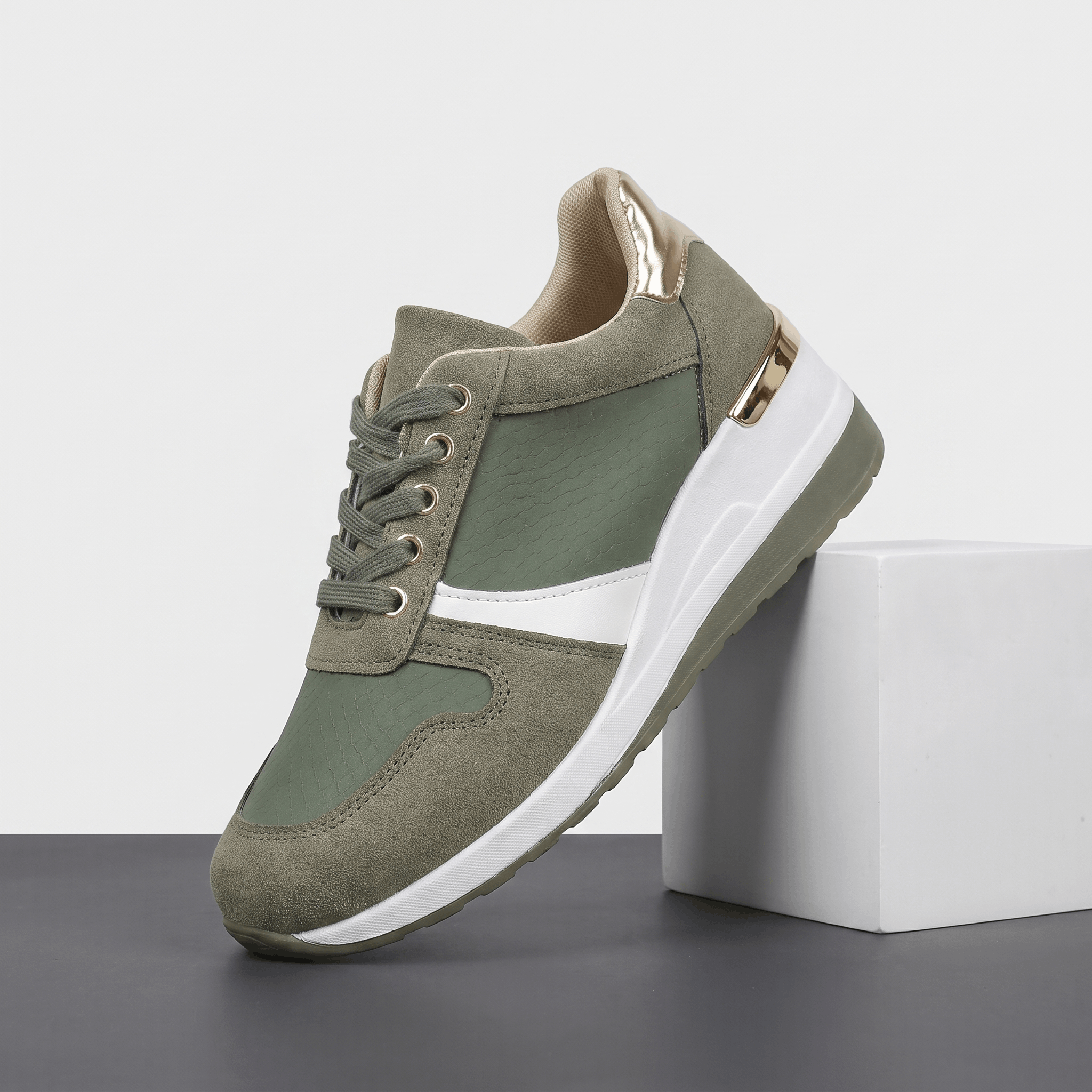 Aria Mesh Suede Sneakers – Lace-Up Hidden-Wedge Cushioned Trainers