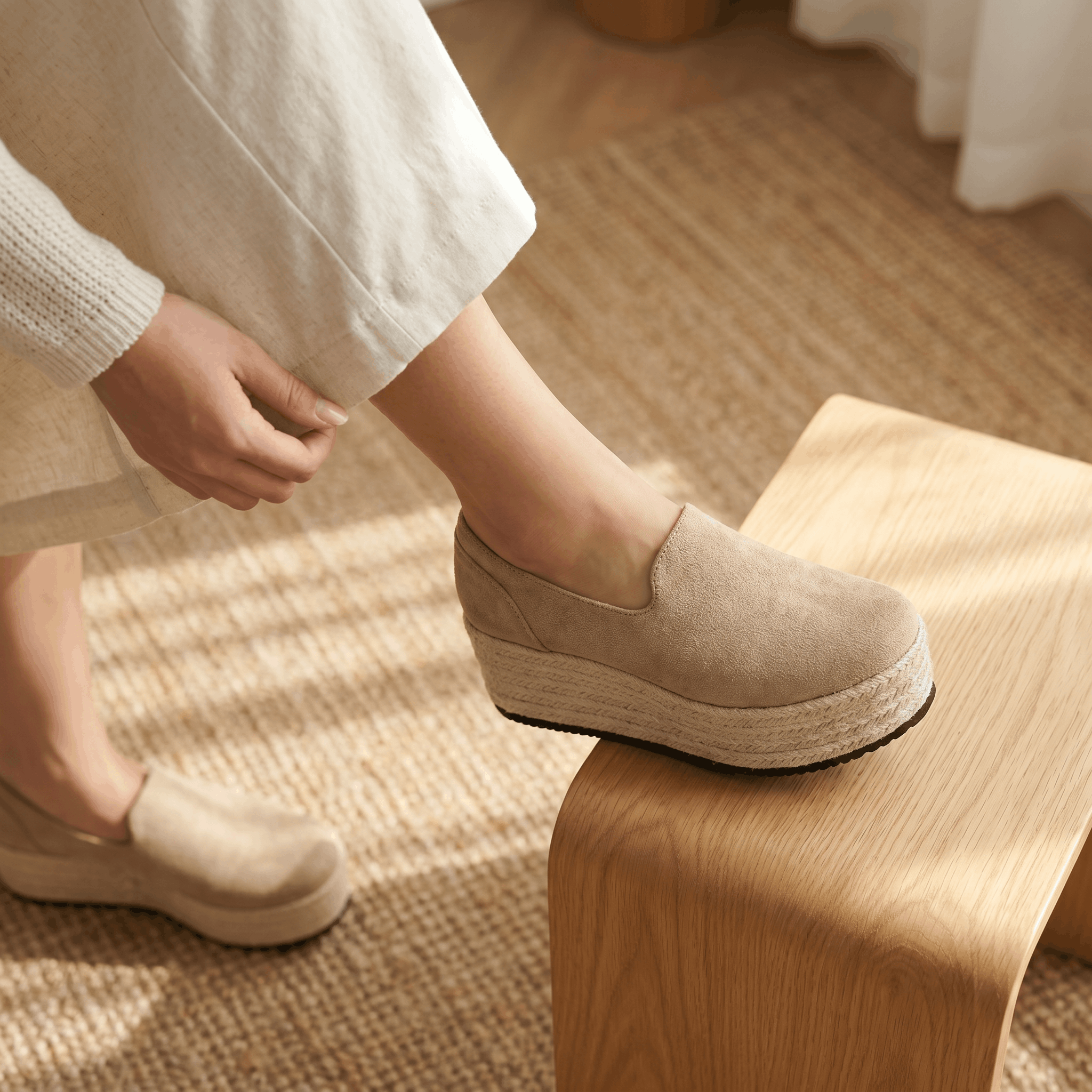 Selene Suede Espadrille Loafers – Slip-On Braided-Jute Cushioned Platforms