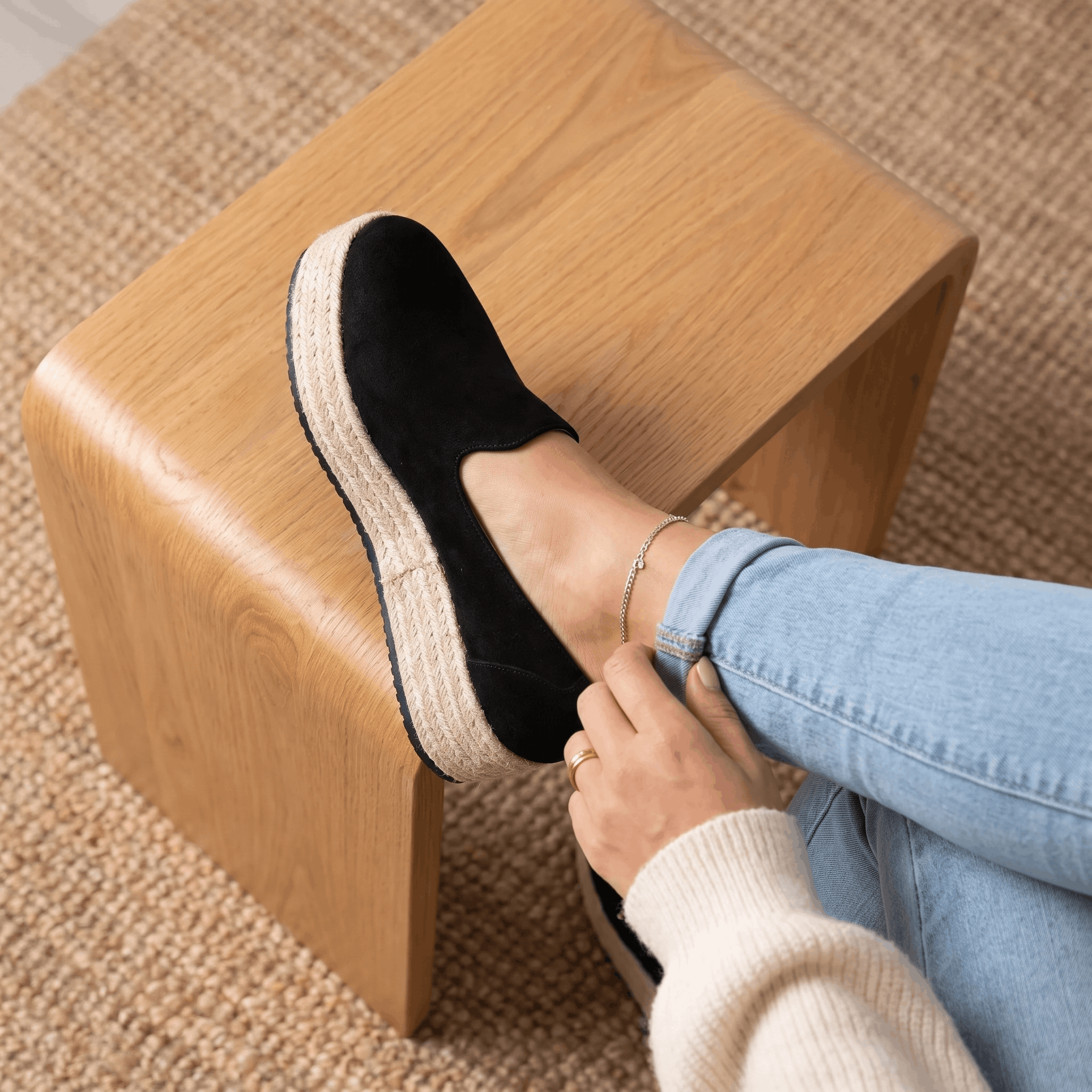 Selene Suede Espadrille Loafers – Slip-On Braided-Jute Cushioned Platforms