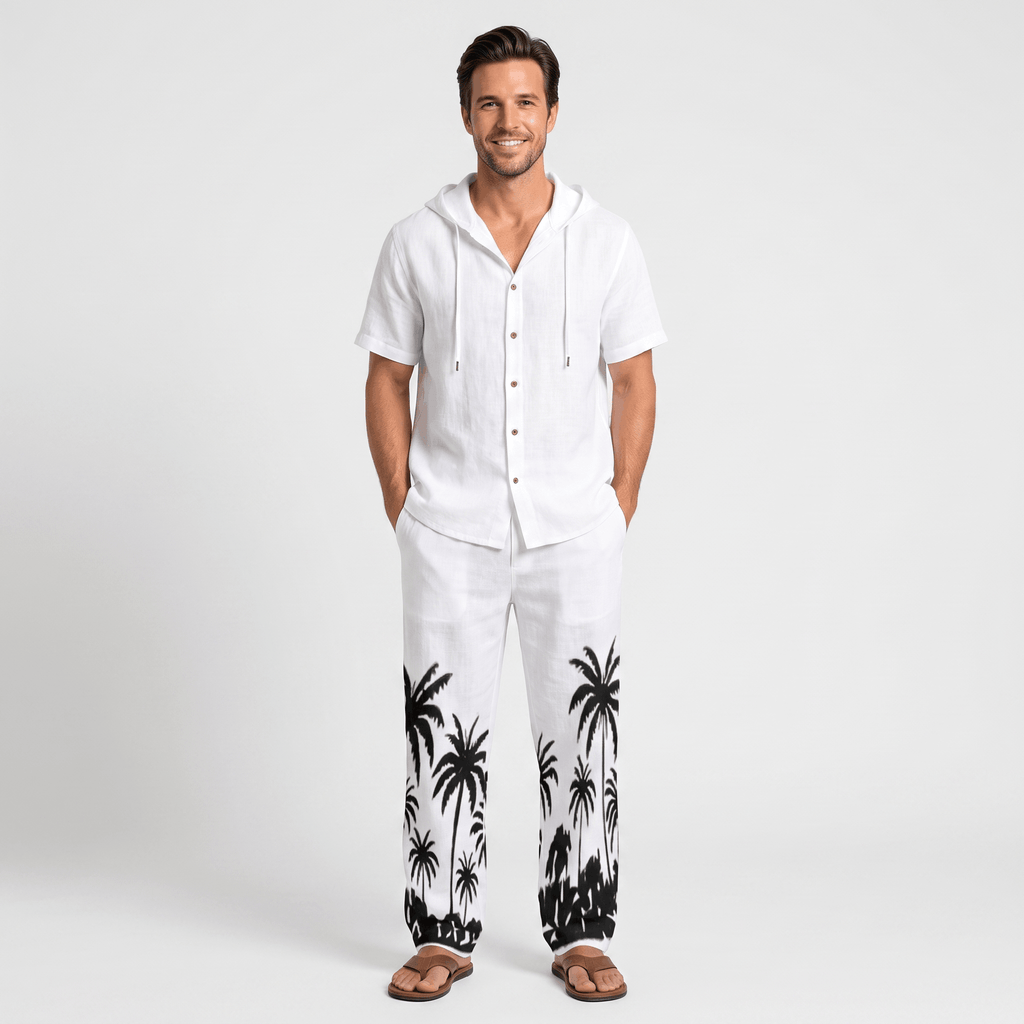 Lorenzo Linen Palm Print Set – Hooded Short-Sleeve Drawstring Outfit