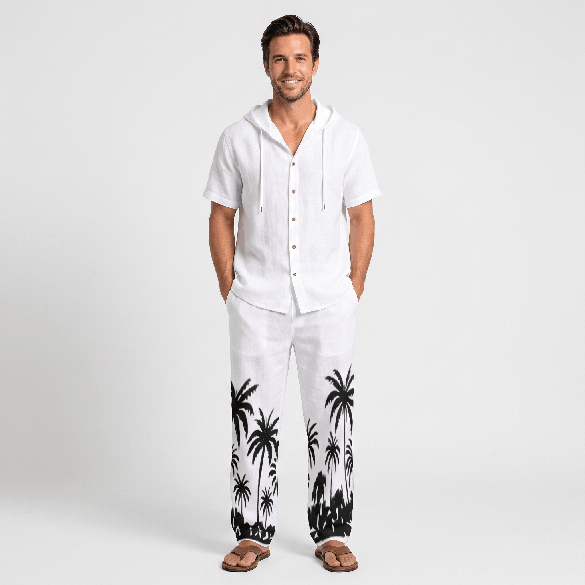 Lorenzo Linen Palm Print Set – Hooded Short-Sleeve Drawstring Outfit