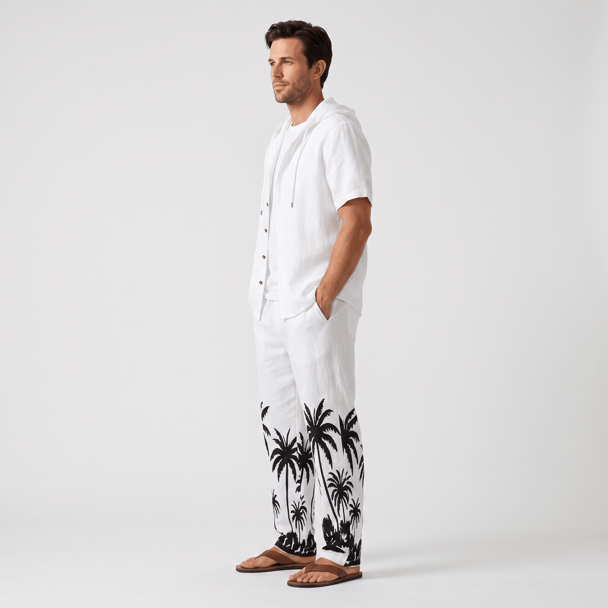 Lorenzo Linen Palm Print Set – Hooded Short-Sleeve Drawstring Outfit