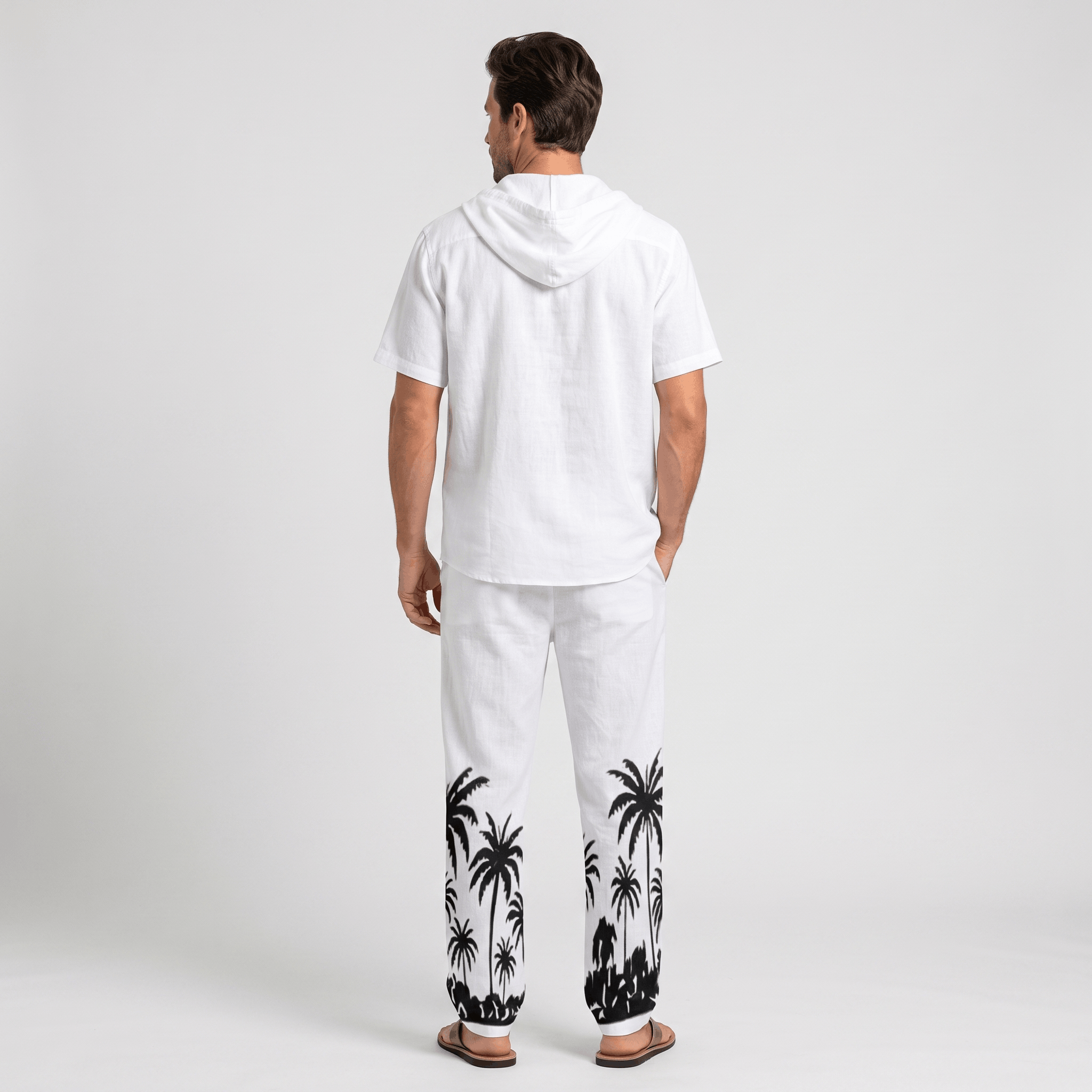 Lorenzo Linen Palm Print Set – Hooded Short-Sleeve Drawstring Outfit