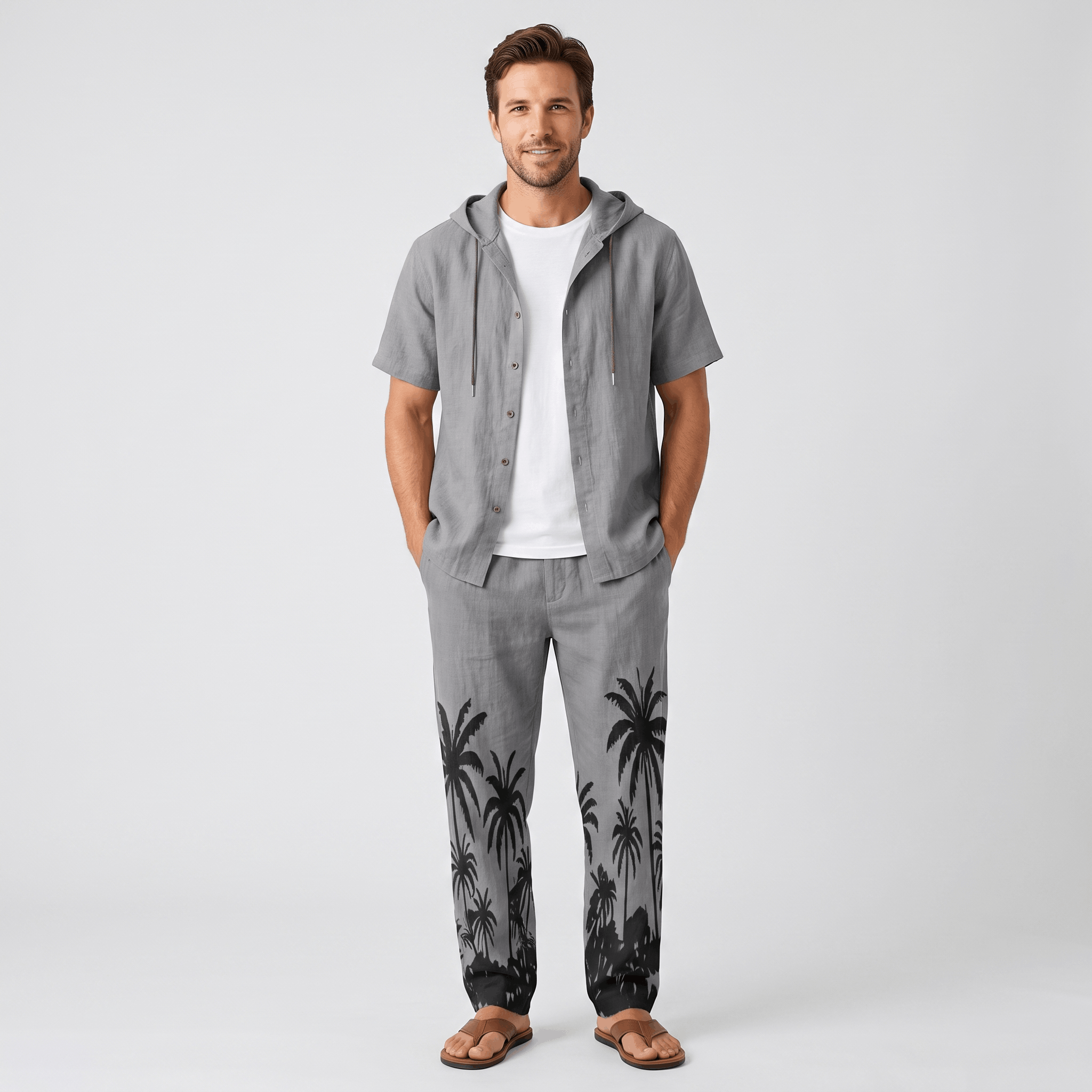 Lorenzo Linen Palm Print Set – Hooded Short-Sleeve Drawstring Outfit