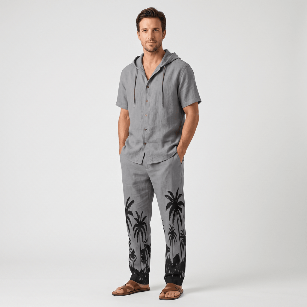Lorenzo Linen Palm Print Set – Hooded Short-Sleeve Drawstring Outfit