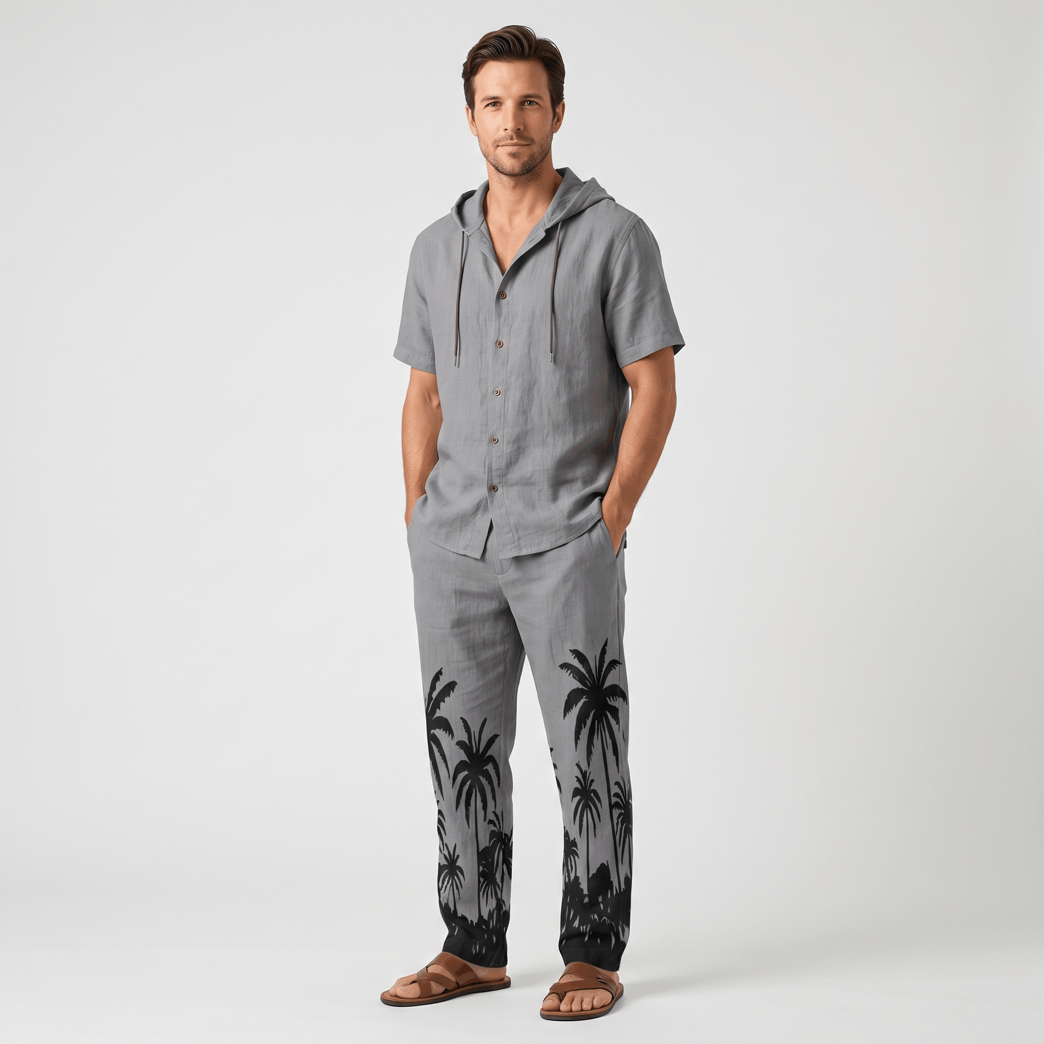 Lorenzo Linen Palm Print Set – Hooded Short-Sleeve Drawstring Outfit