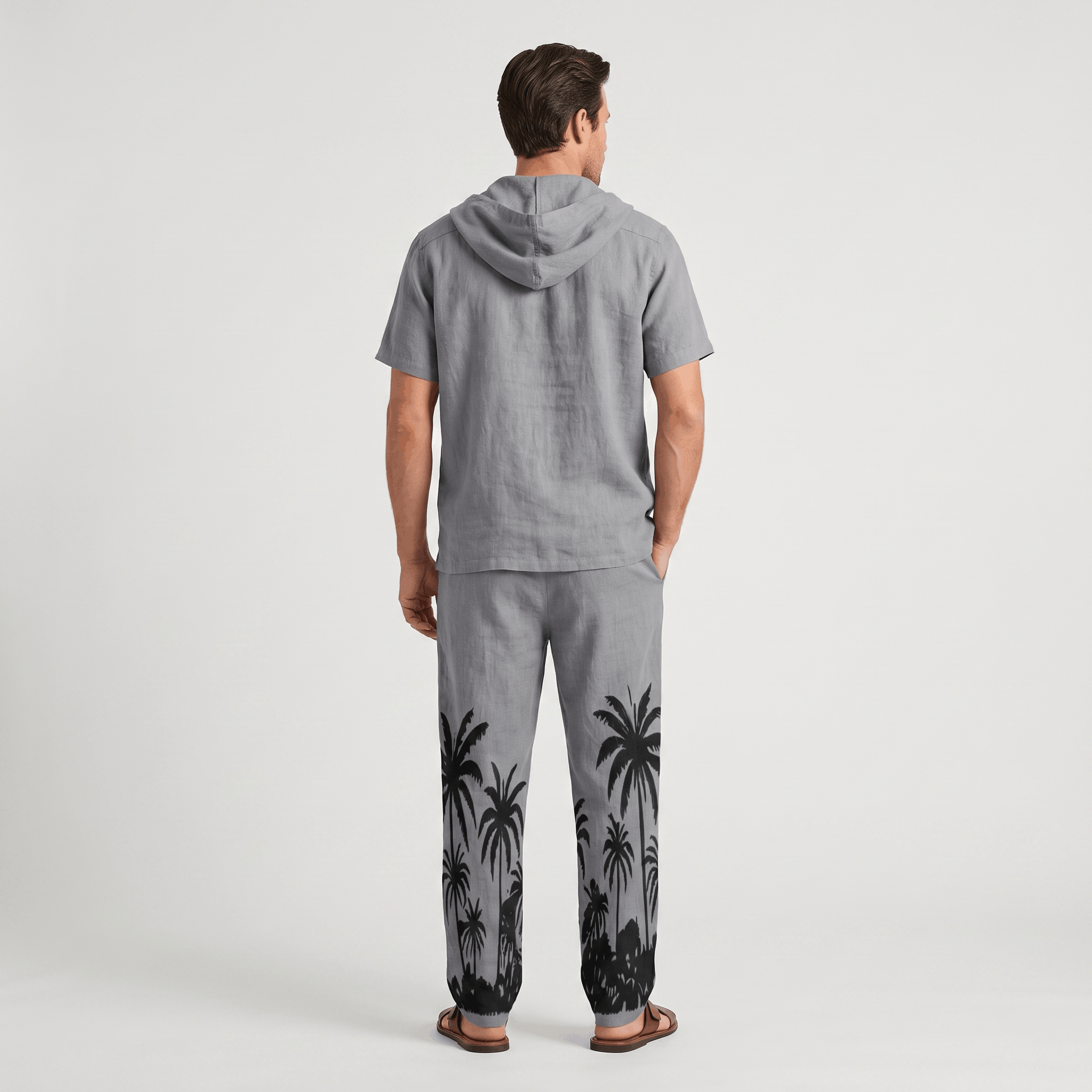 Lorenzo Linen Palm Print Set – Hooded Short-Sleeve Drawstring Outfit