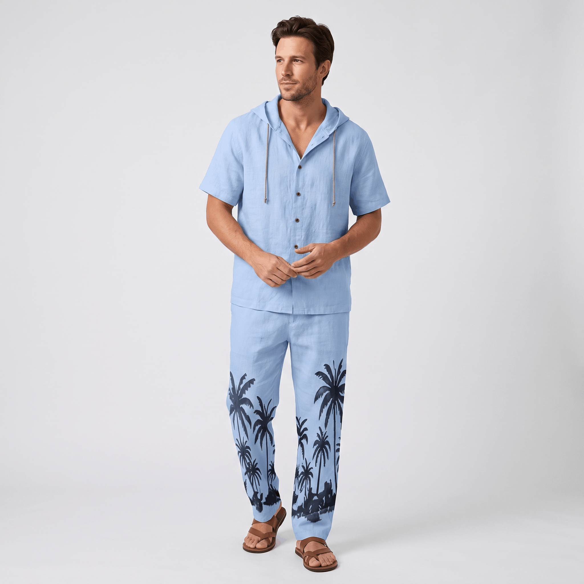 Lorenzo Linen Palm Print Set – Hooded Short-Sleeve Drawstring Outfit