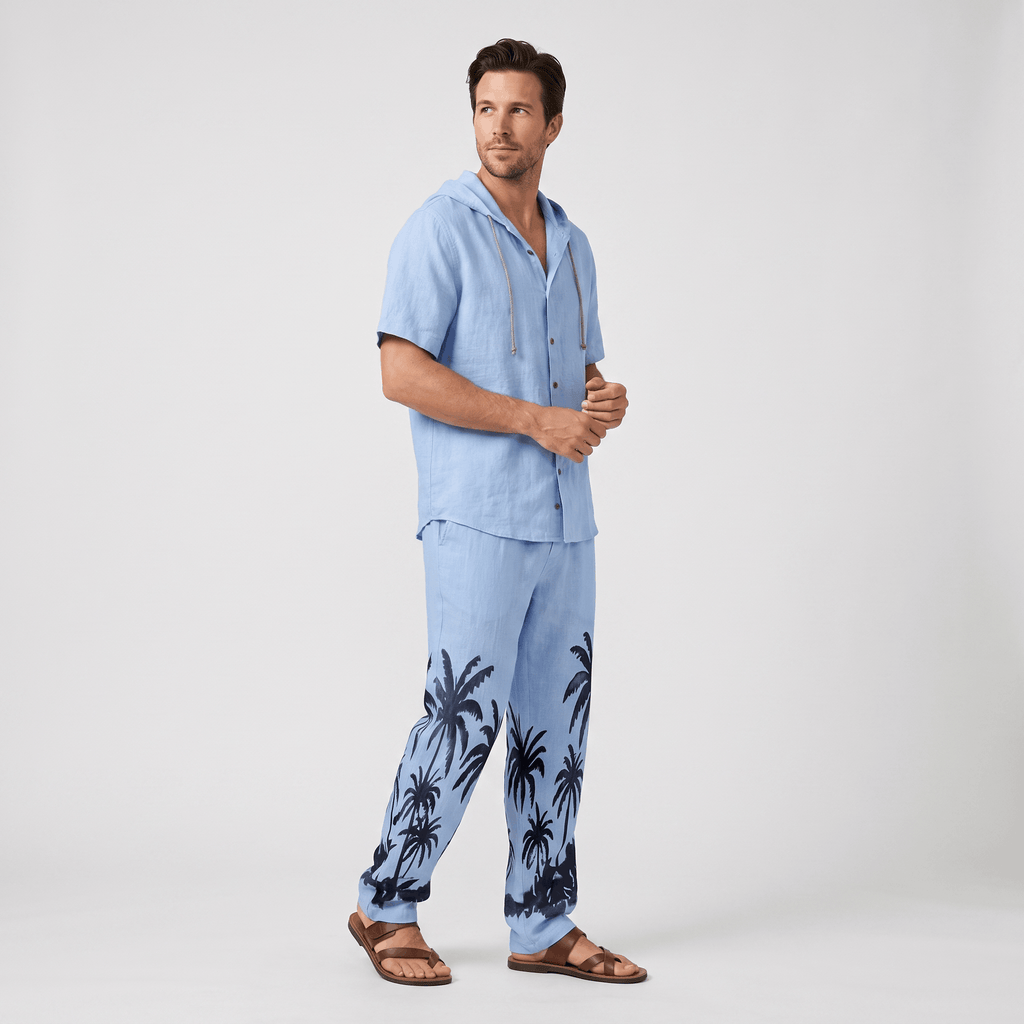 Lorenzo Linen Palm Print Set – Hooded Short-Sleeve Drawstring Outfit