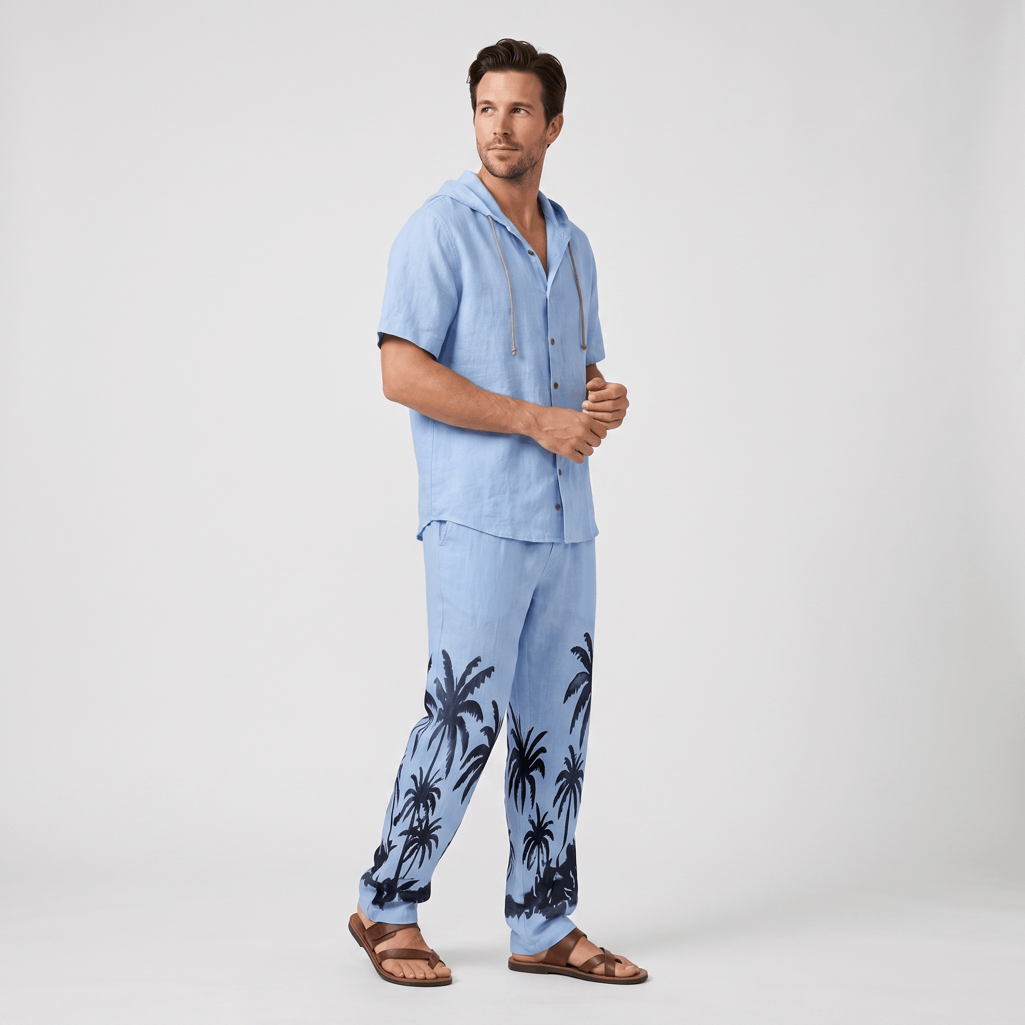 Lorenzo Linen Palm Print Set – Hooded Short-Sleeve Drawstring Outfit