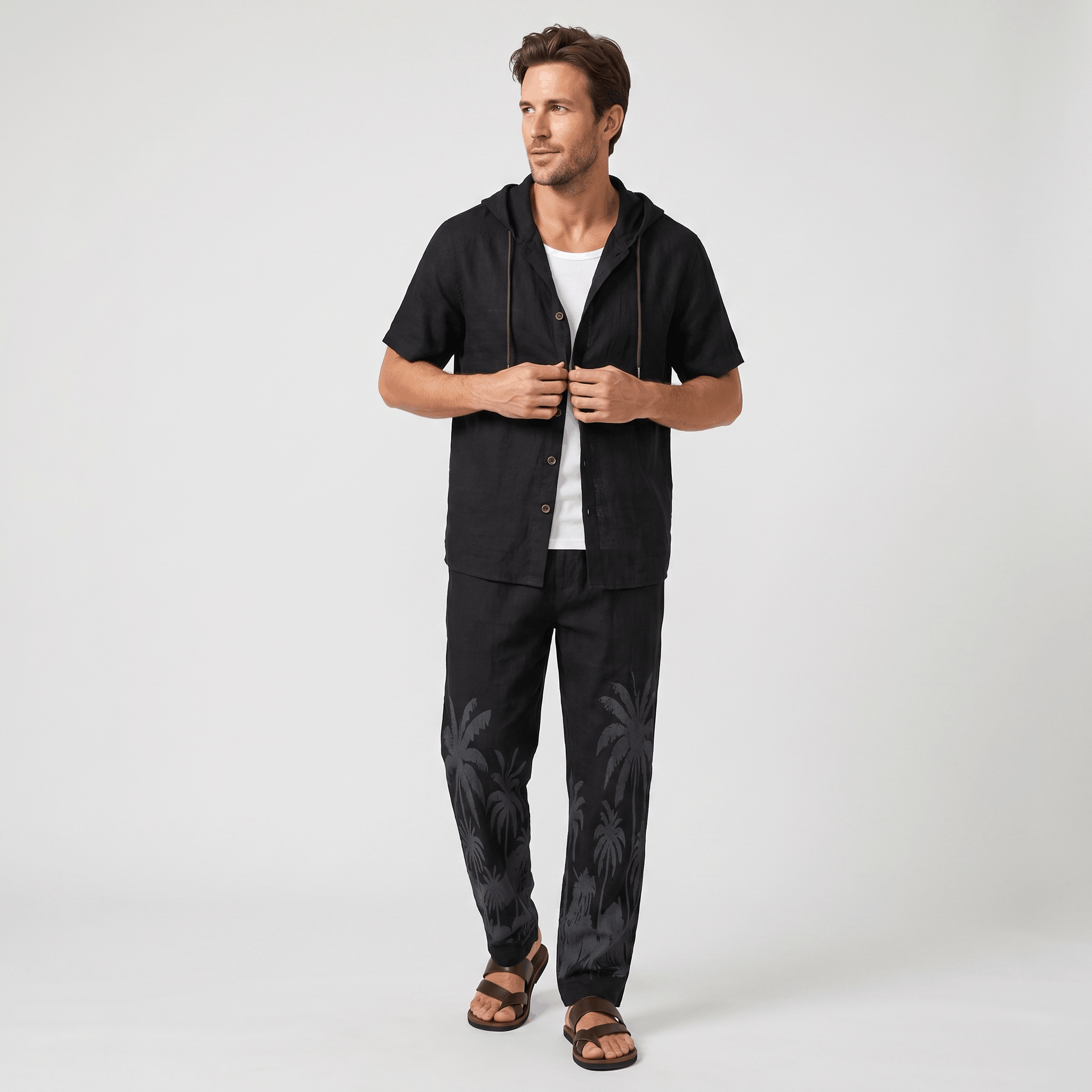 Lorenzo Linen Palm Print Set – Hooded Short-Sleeve Drawstring Outfit