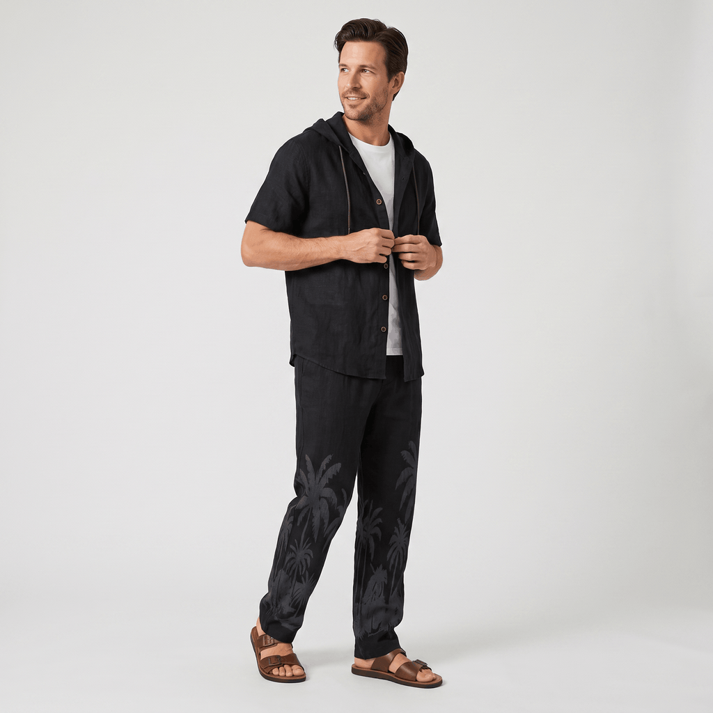 Lorenzo Linen Palm Print Set – Hooded Short-Sleeve Drawstring Outfit