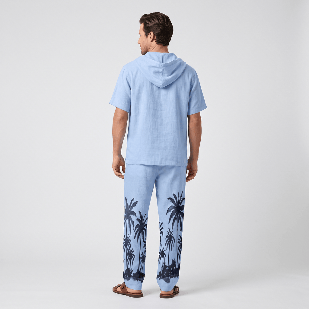 Lorenzo Linen Palm Print Set – Hooded Short-Sleeve Drawstring Outfit